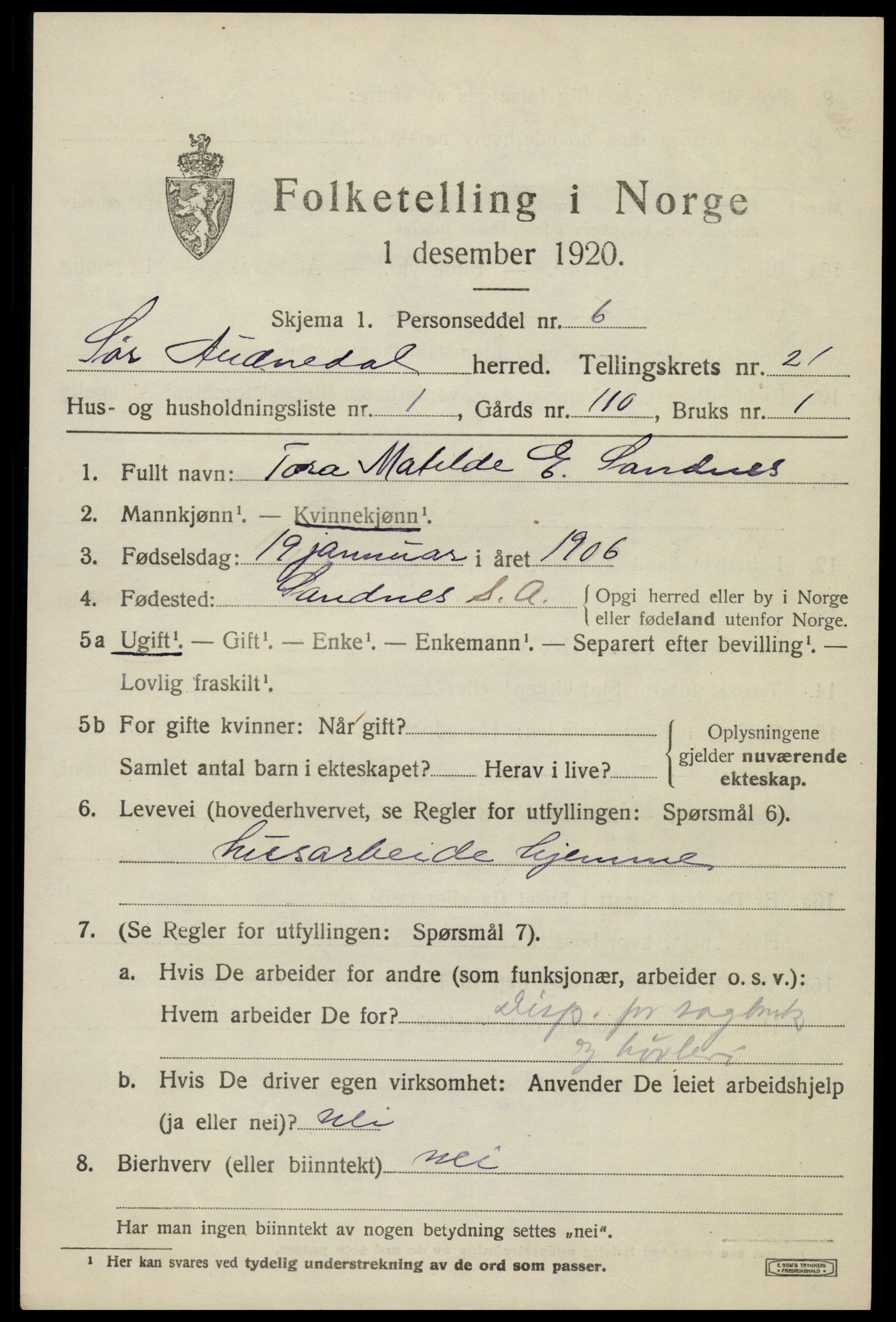 SAK, Folketelling 1920 for 1029 Sør-Audnedal herred, 1920, s. 6937