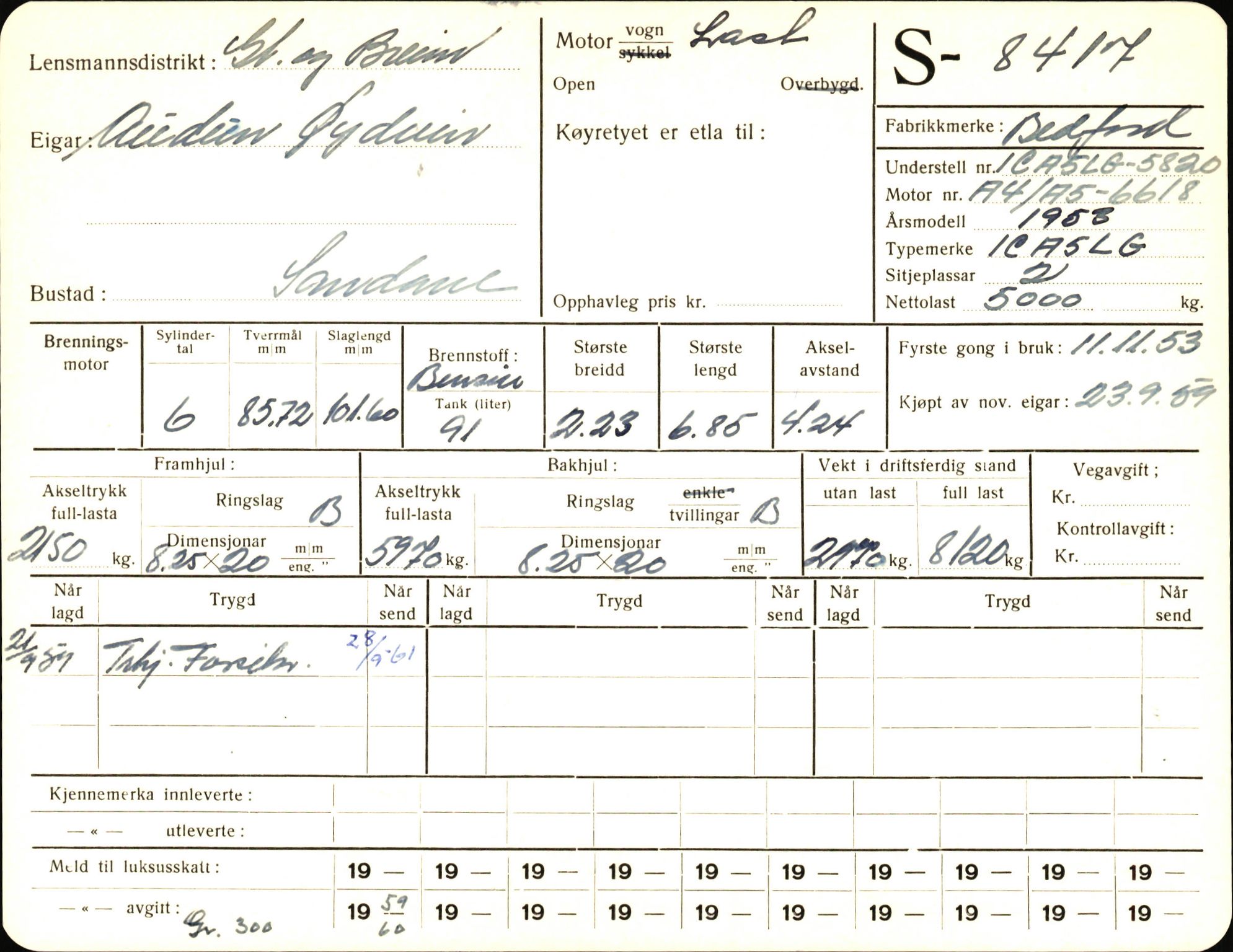 Statens vegvesen, Sogn og Fjordane vegkontor, AV/SAB-A-5301/4/F/L0006: Registerkort utmeldte Fjordane S8300-9500, 1930-1961, s. 189
