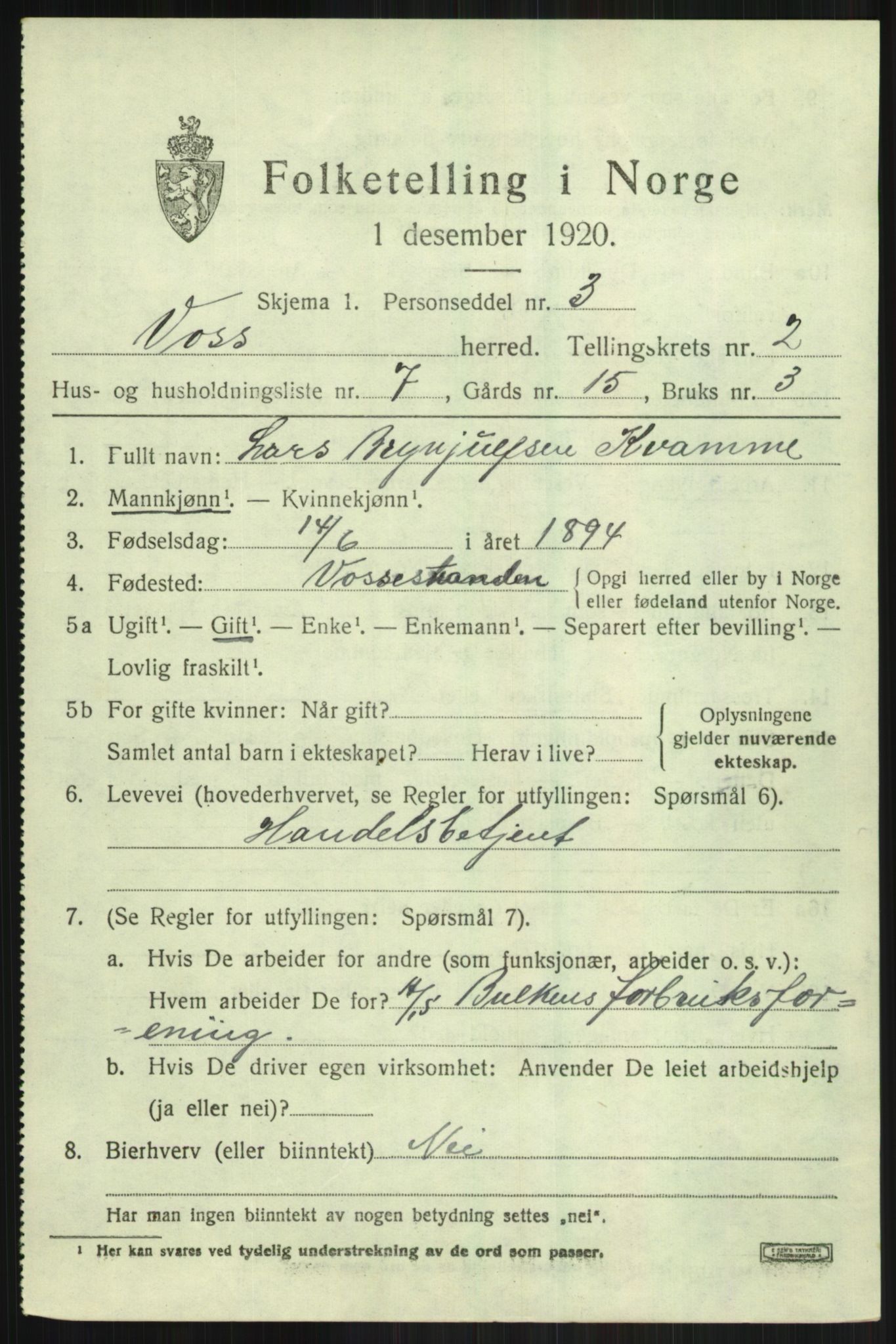 SAB, Folketelling 1920 for 1235 Voss herred, 1920, s. 3533