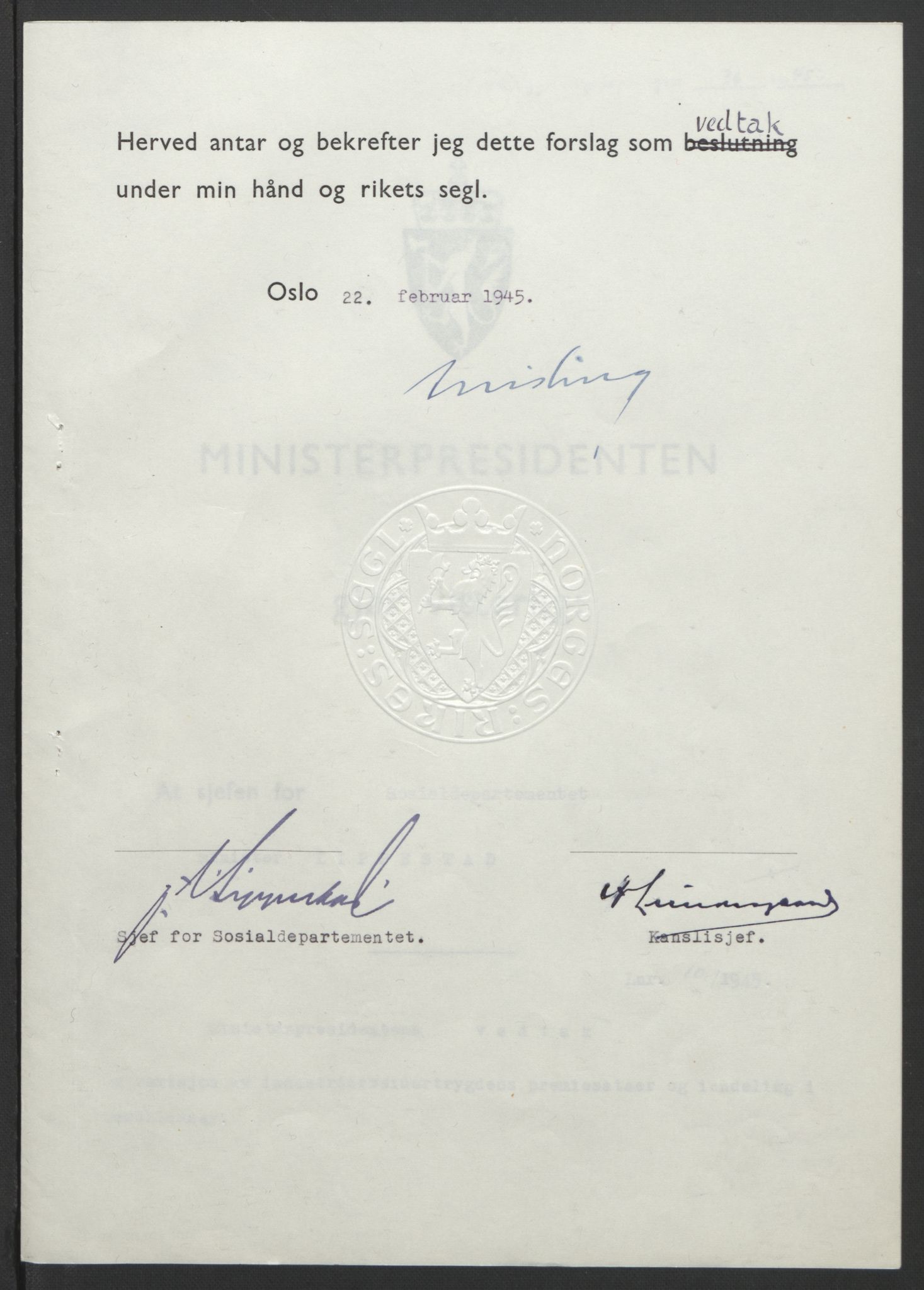 NS-administrasjonen 1940-1945 (Statsrådsekretariatet, de kommisariske statsråder mm), RA/S-4279/D/Db/L0101/0001: -- / Lover og vedtak, 1945, s. 197
