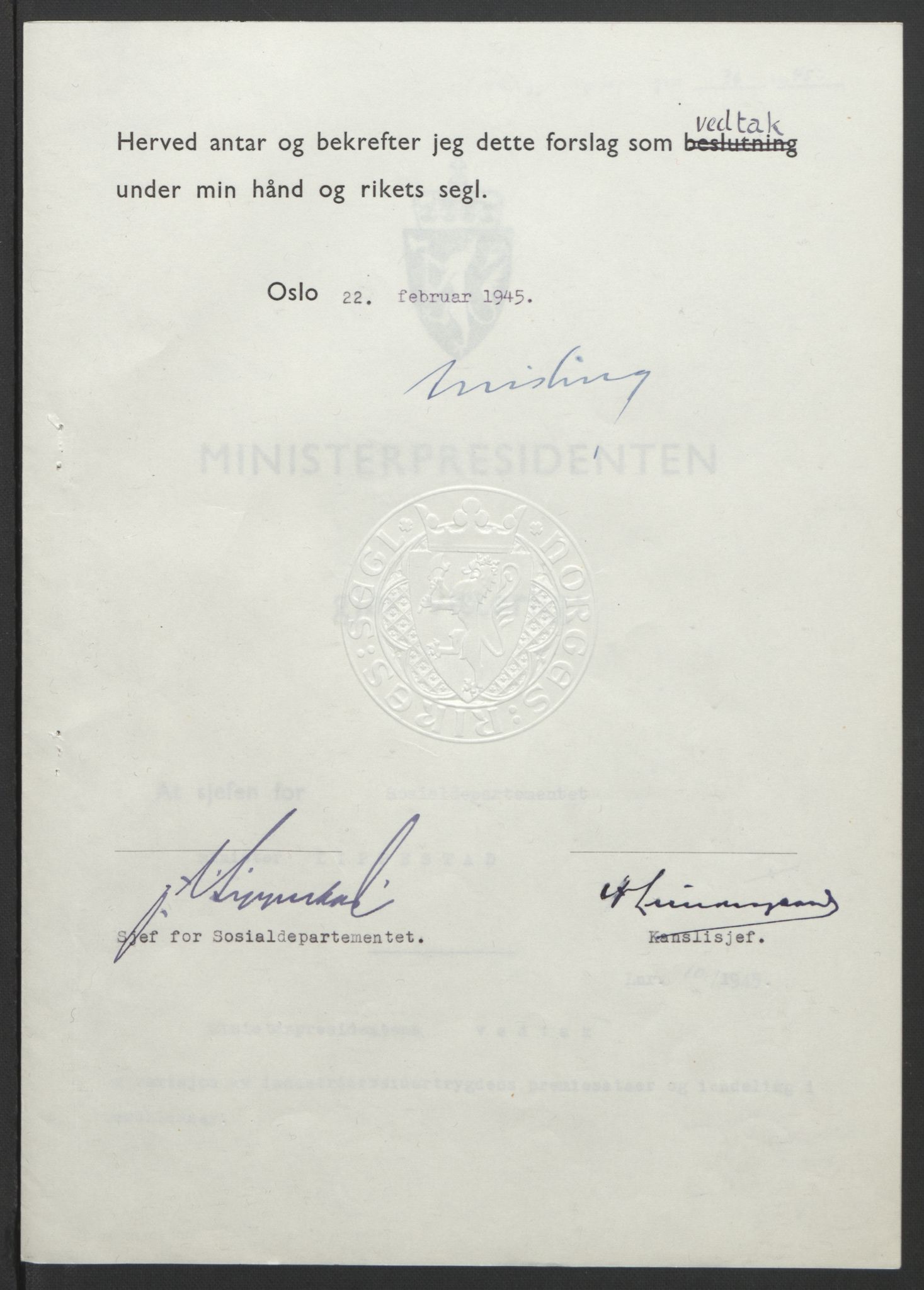 NS-administrasjonen 1940-1945 (Statsrådsekretariatet, de kommisariske statsråder mm), AV/RA-S-4279/D/Db/L0101/0001: -- / Lover og vedtak, 1945, s. 197