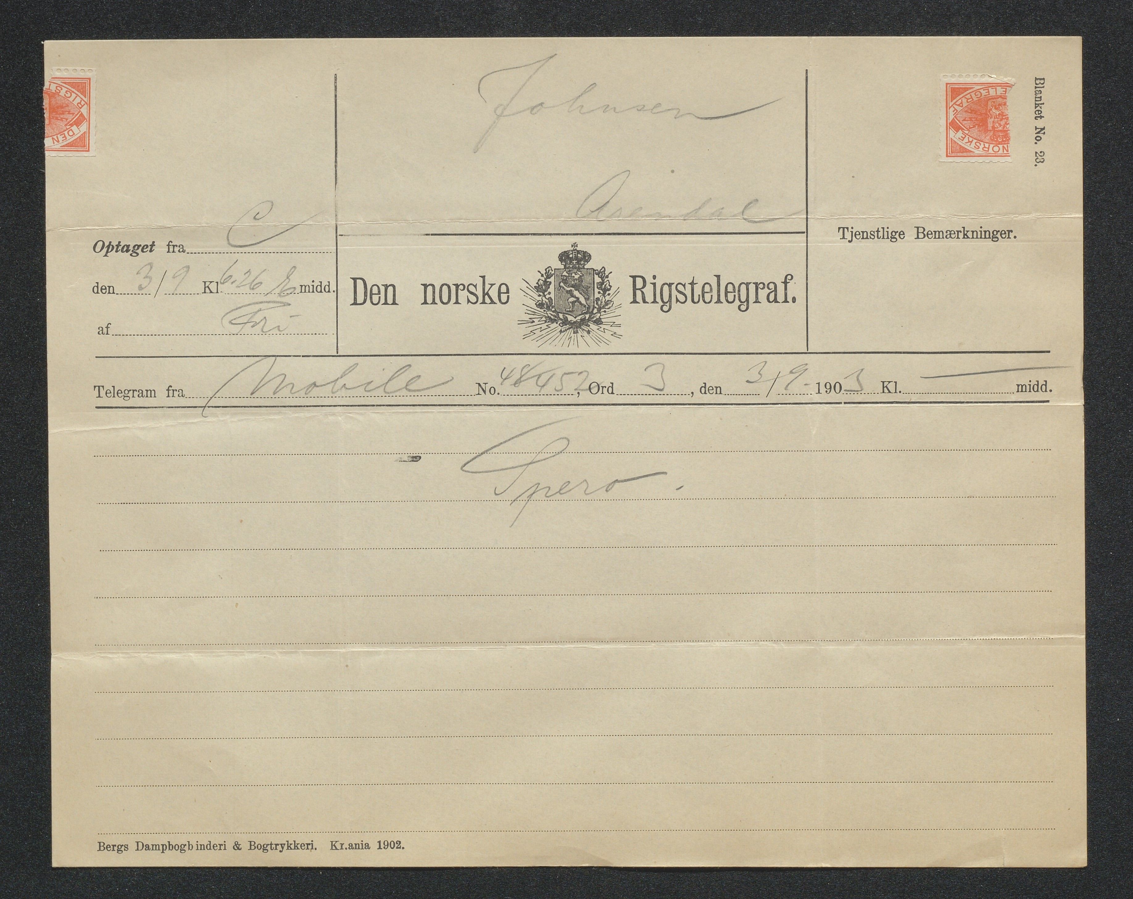 Arendals Dampskibsselskab (ADS), AAKS/PA-1716/1/15/L0018: Skipspapirer D/S Spero, 1898-1904