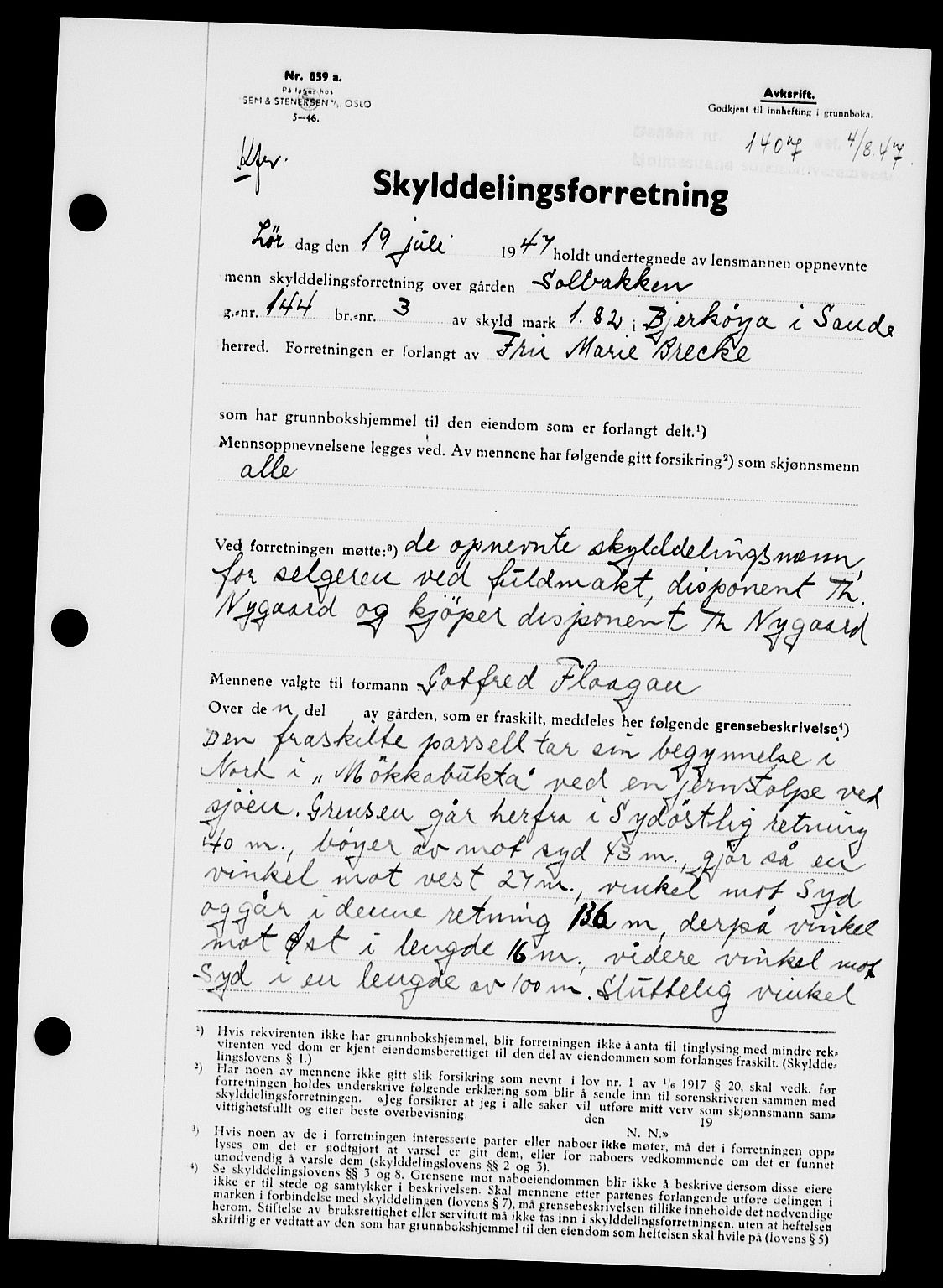 Holmestrand sorenskriveri, SAKO/A-67/G/Ga/Gaa/L0062: Pantebok nr. A-62, 1947-1947, Dagboknr: 1407/1947