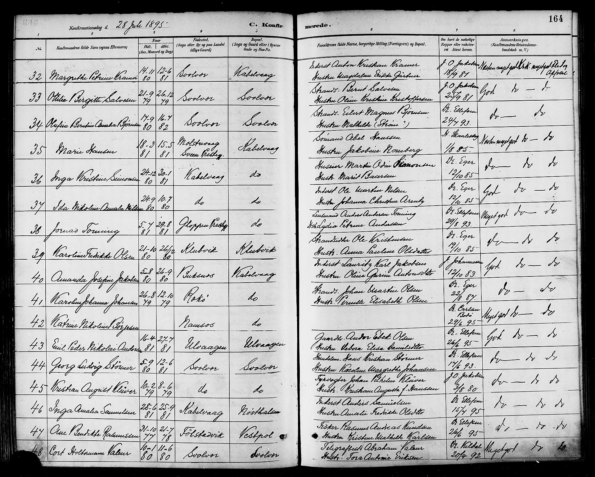 Ministerialprotokoller, klokkerbøker og fødselsregistre - Nordland, AV/SAT-A-1459/874/L1060: Ministerialbok nr. 874A04, 1890-1899, s. 164