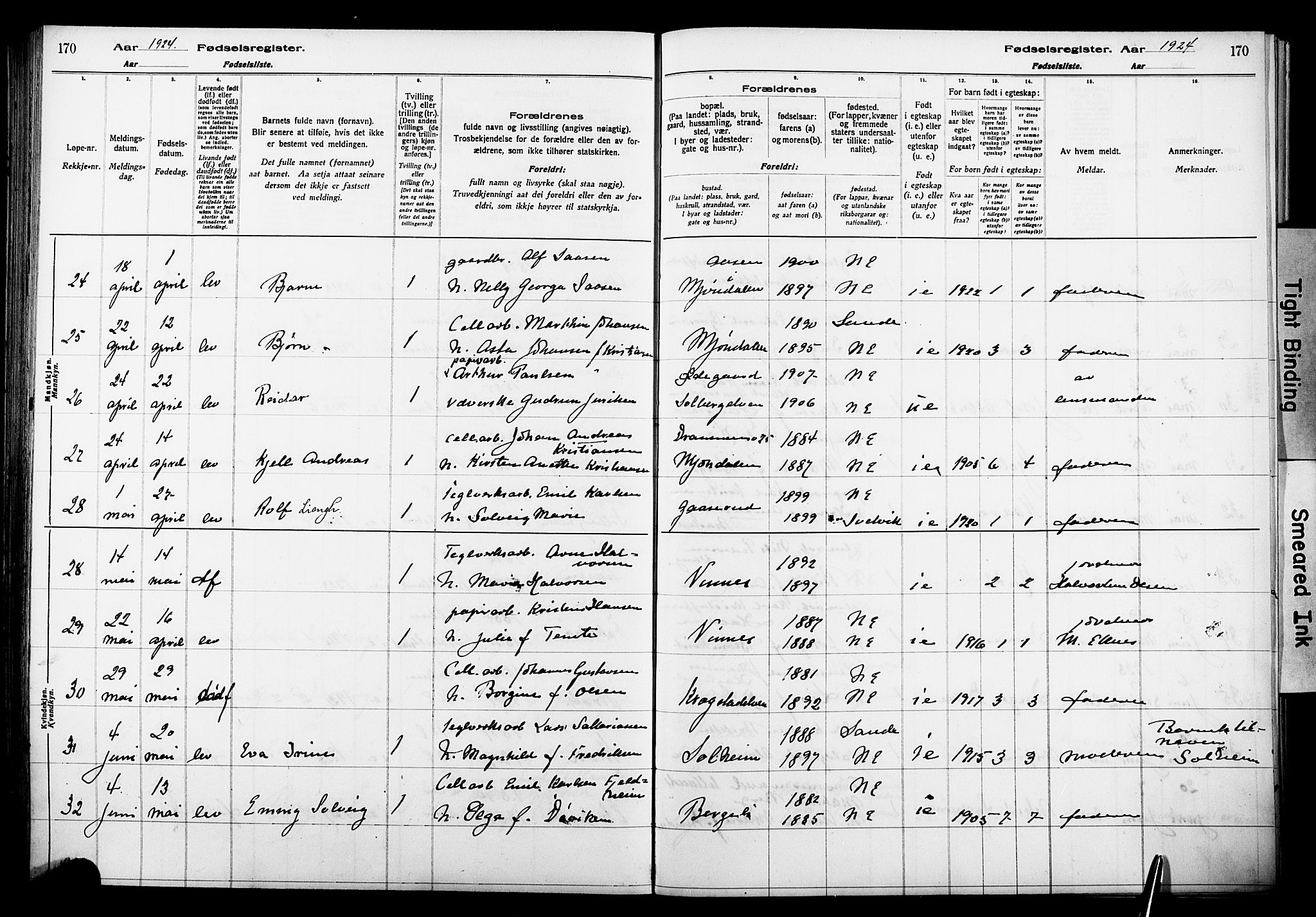 Nedre Eiker kirkebøker, AV/SAKO-A-612/J/Ja/L0001: Fødselsregister nr. 1, 1916-1925, s. 170