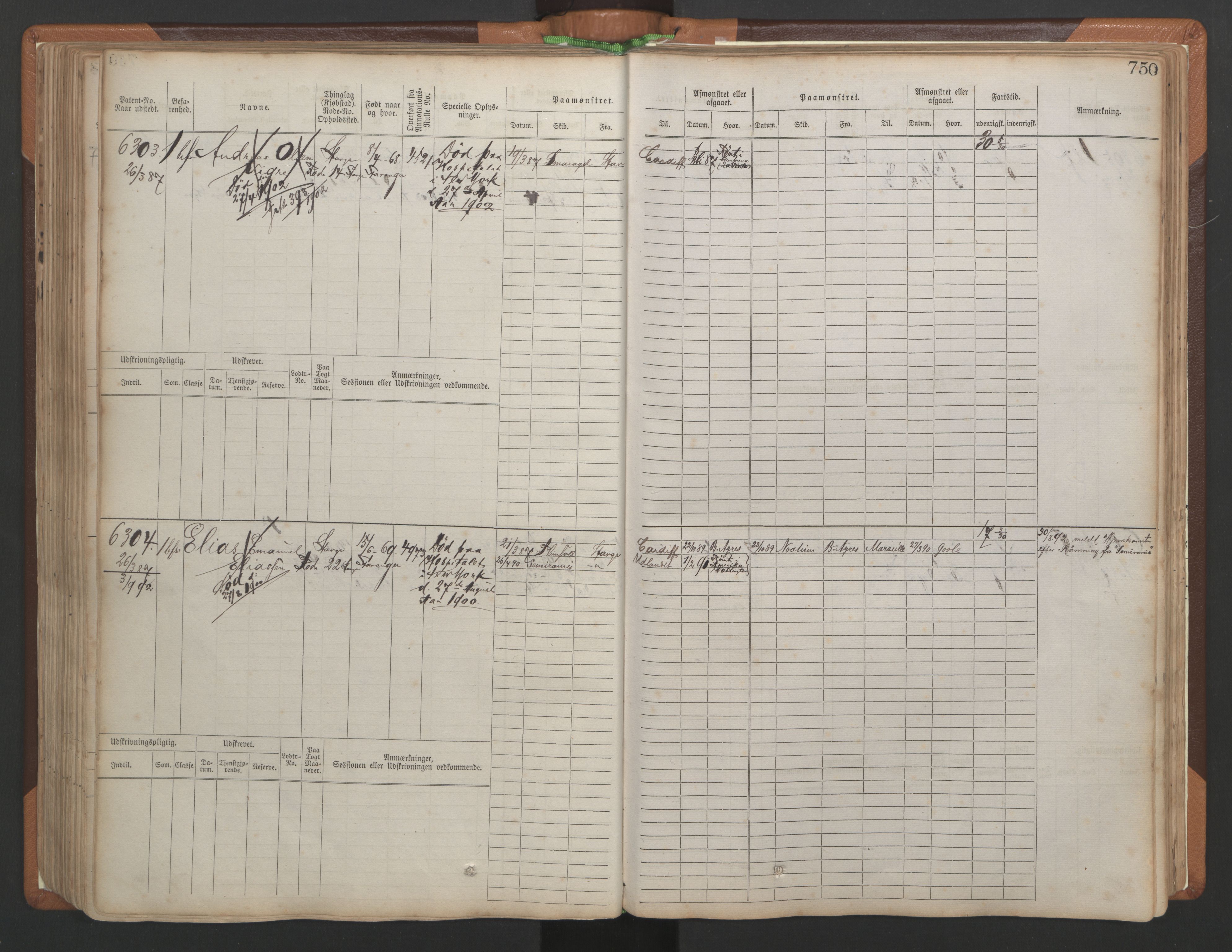 Stavanger sjømannskontor, SAST/A-102006/F/Fb/Fbb/L0010: Sjøfartshovedrulle, patentnr. 6007-6606 (del 1), 1887-1896, s. 154