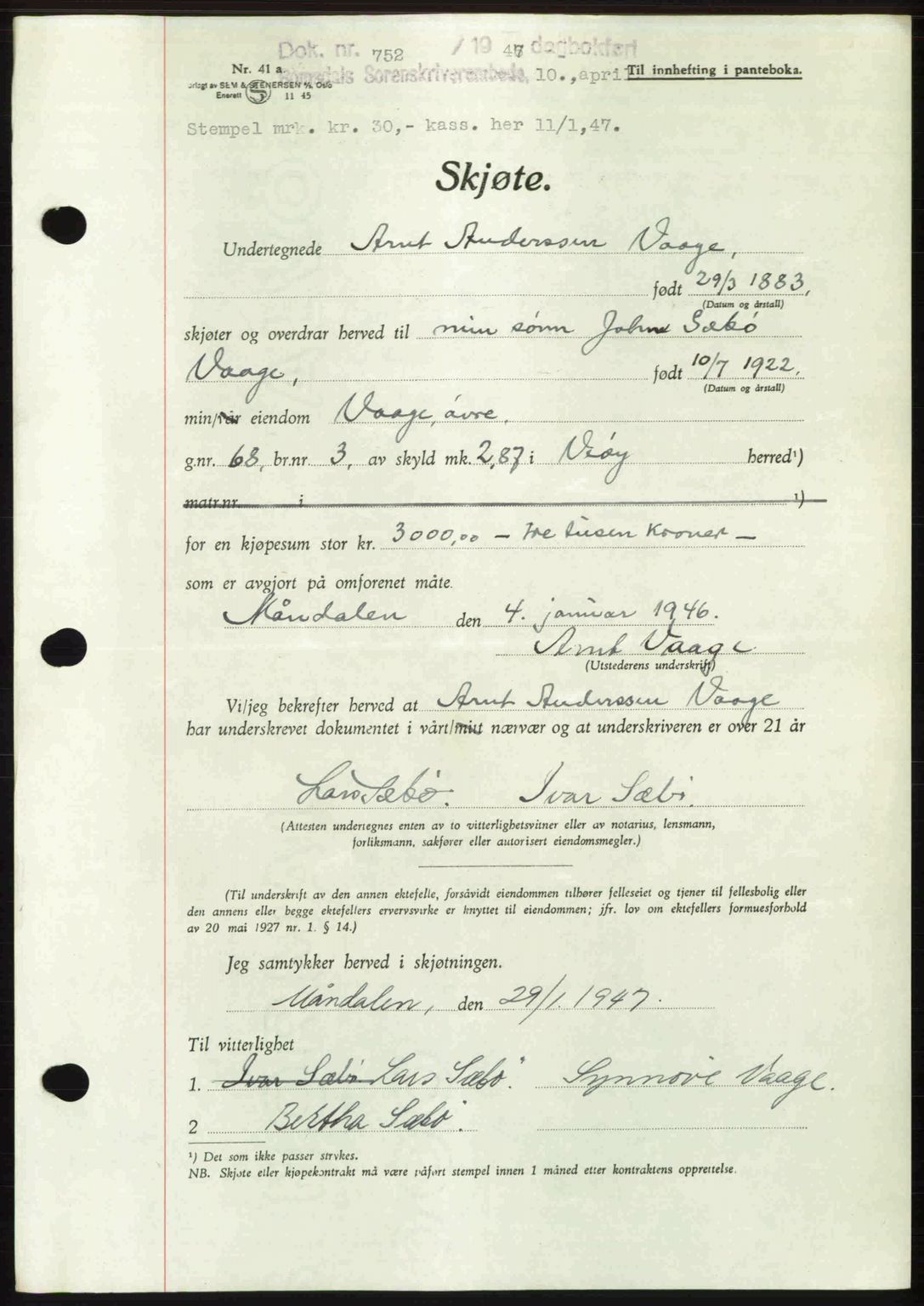 Romsdal sorenskriveri, AV/SAT-A-4149/1/2/2C: Pantebok nr. A22, 1947-1947, Dagboknr: 752/1947