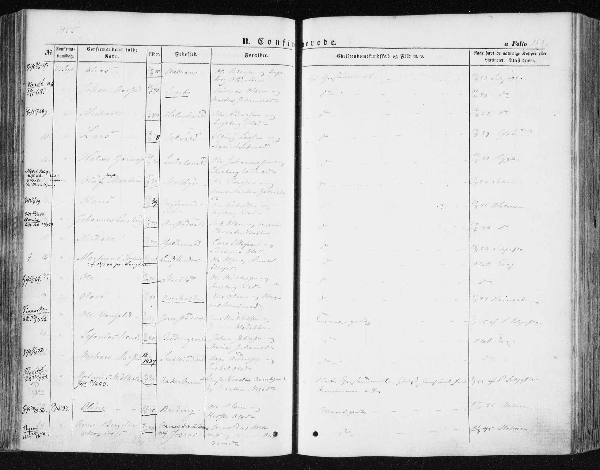 Ministerialprotokoller, klokkerbøker og fødselsregistre - Nord-Trøndelag, AV/SAT-A-1458/723/L0240: Ministerialbok nr. 723A09, 1852-1860, s. 159