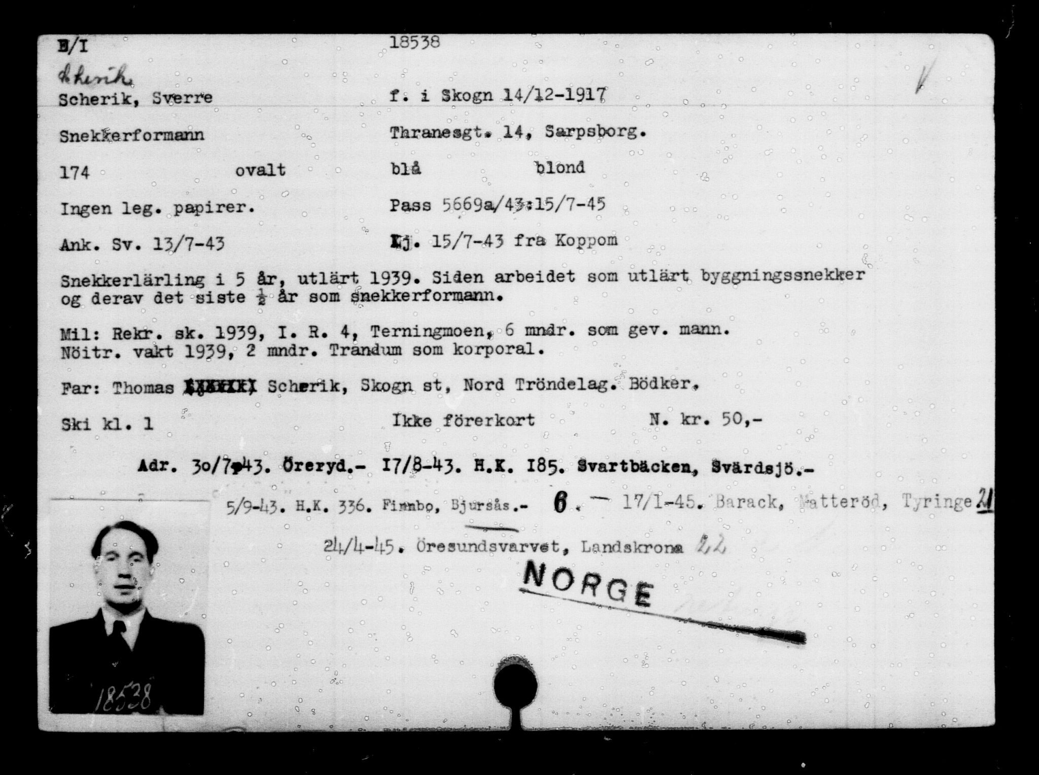 Utenriksstasjonene, Legasjonen i Stockholm, Flyktningkontoret, AV/RA-S-6753/V/Va/L0009: Kjesäterkartoteket, flyktninger med registreringsnr. 18502-22048, 1940-1945, s. 48