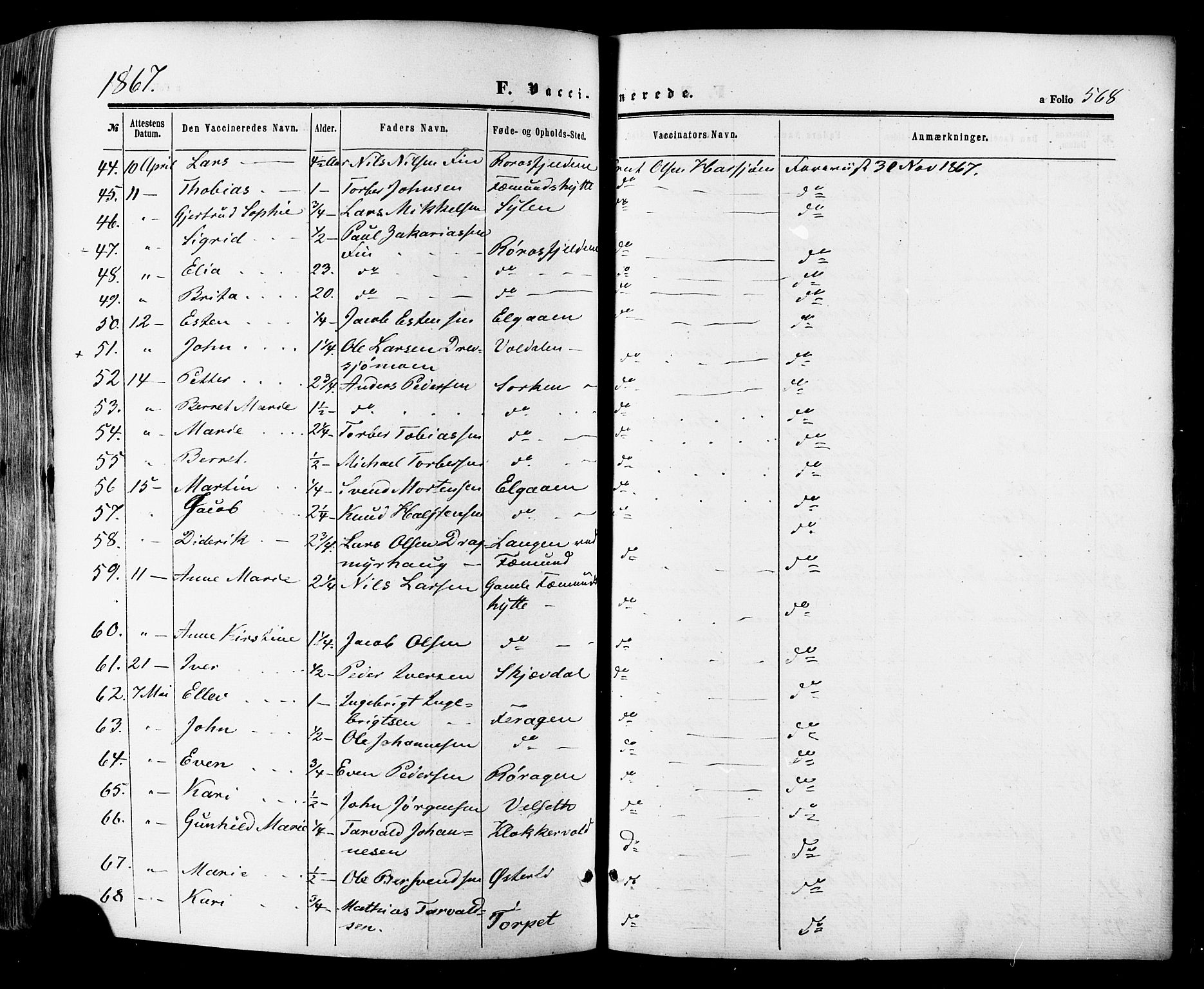 Ministerialprotokoller, klokkerbøker og fødselsregistre - Sør-Trøndelag, SAT/A-1456/681/L0932: Ministerialbok nr. 681A10, 1860-1878, s. 568