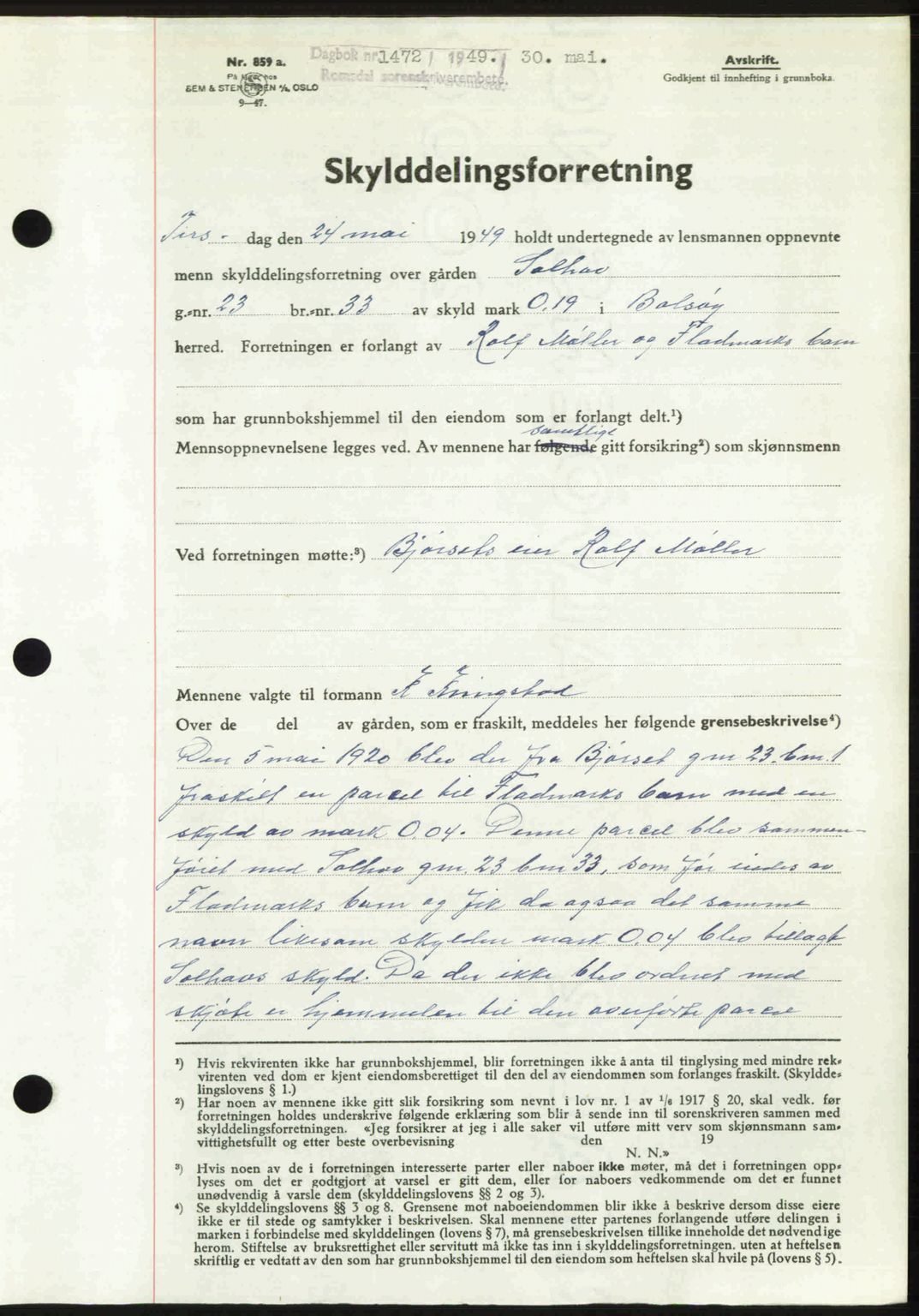 Romsdal sorenskriveri, SAT/A-4149/1/2/2C: Pantebok nr. A29, 1949-1949, Dagboknr: 1472/1949