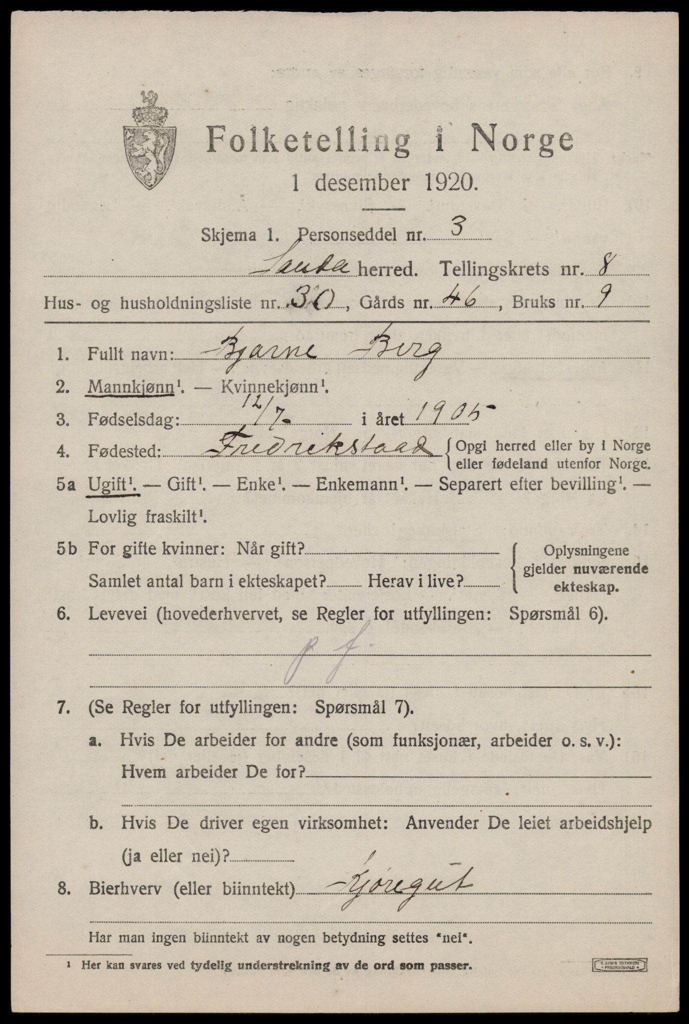 SAST, Folketelling 1920 for 1135 Sauda herred, 1920, s. 5268