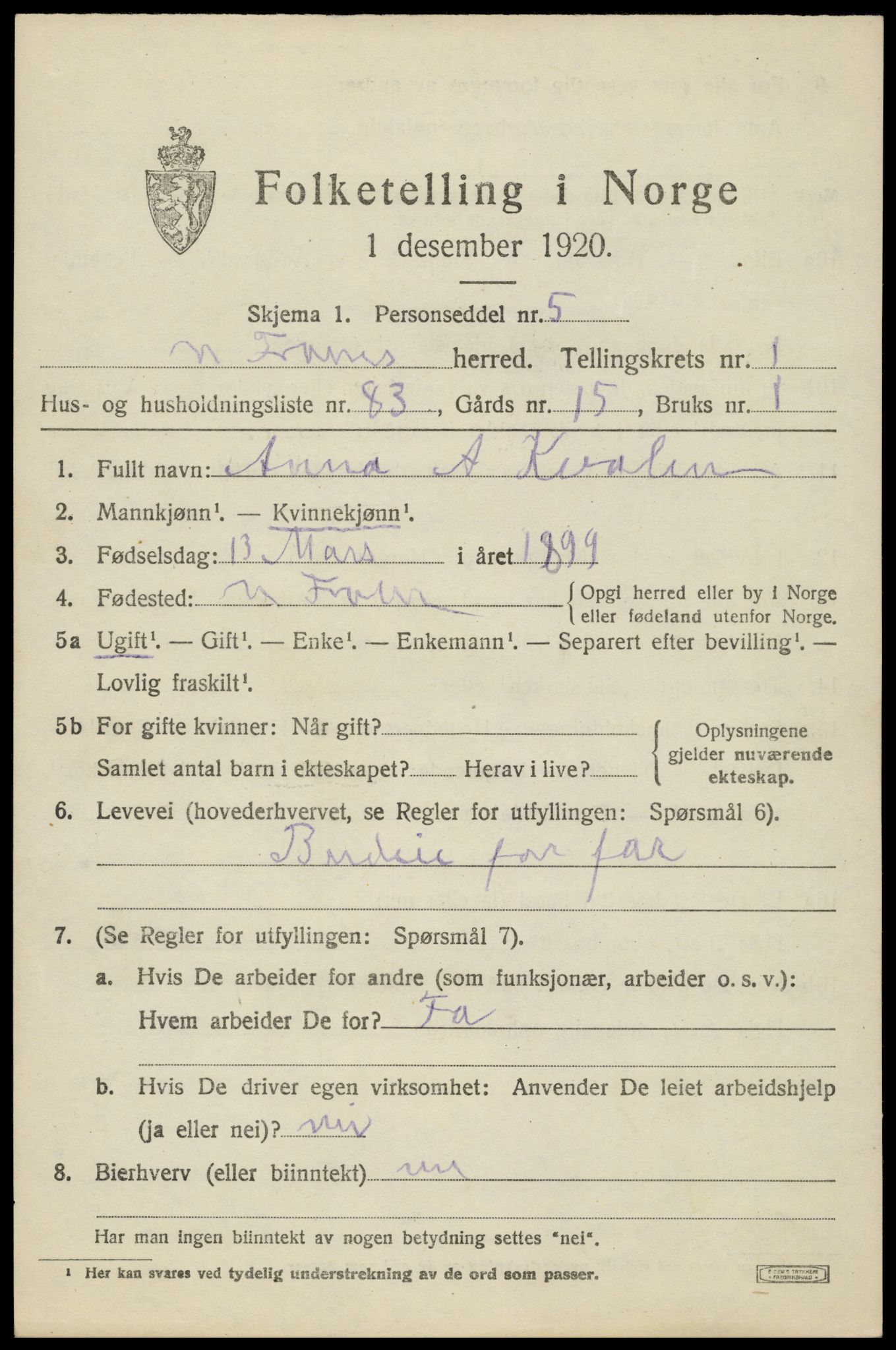 SAH, Folketelling 1920 for 0518 Nord-Fron herred, 1920, s. 2662