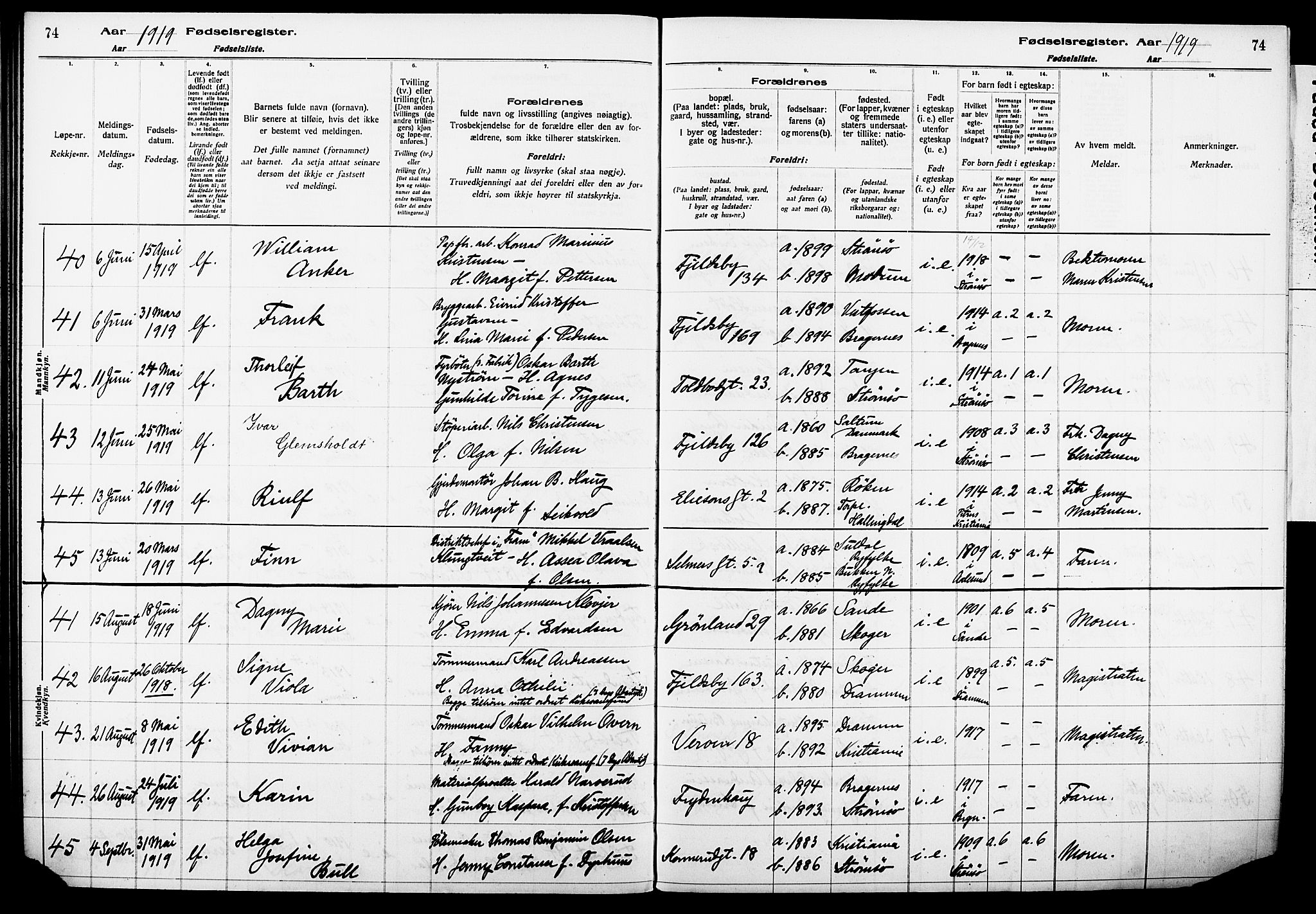Strømsø kirkebøker, AV/SAKO-A-246/J/Ja/L0001: Fødselsregister nr. I 1, 1916-1925, s. 74