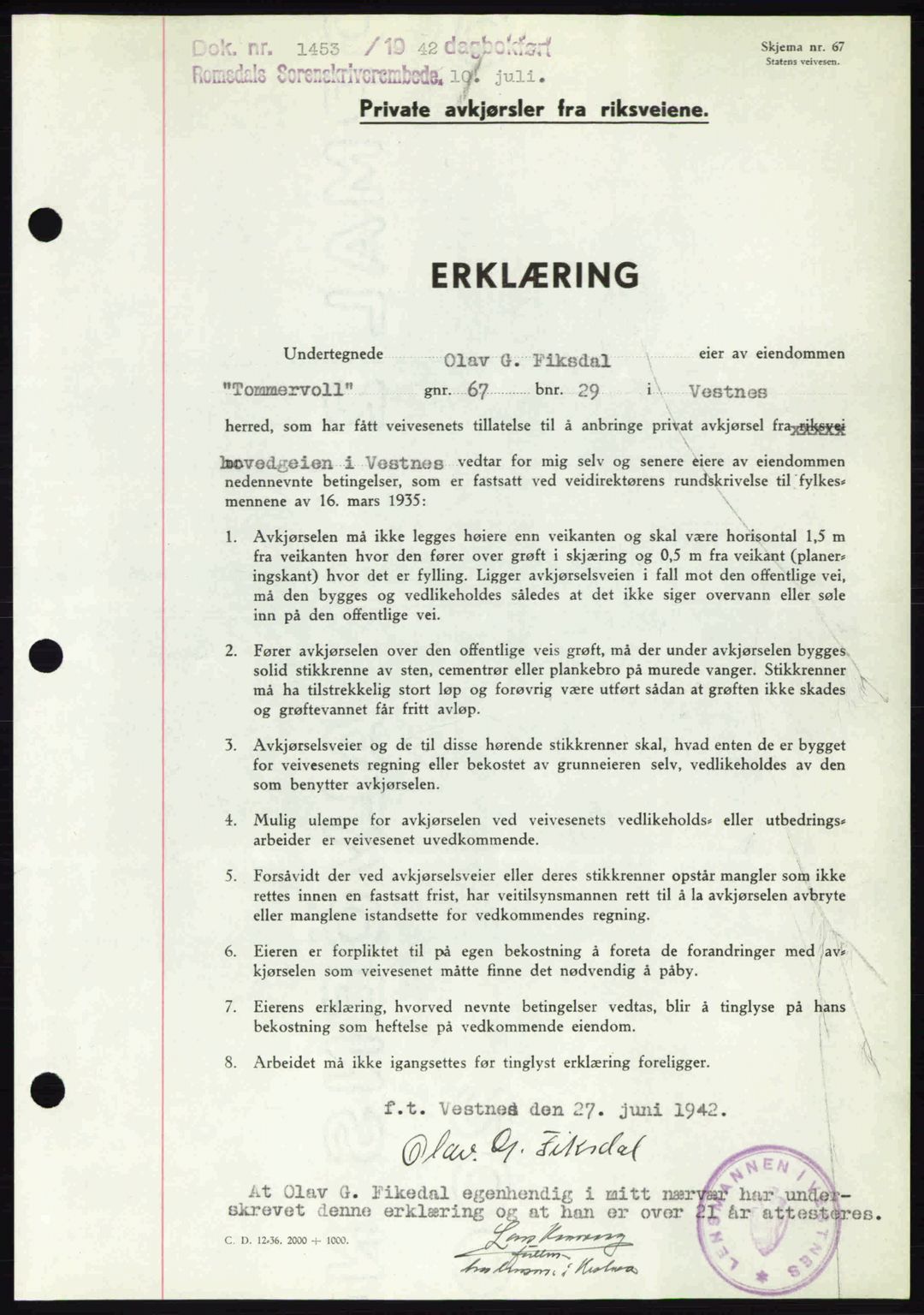 Romsdal sorenskriveri, SAT/A-4149/1/2/2C: Pantebok nr. A12, 1942-1942, Dagboknr: 1453/1942