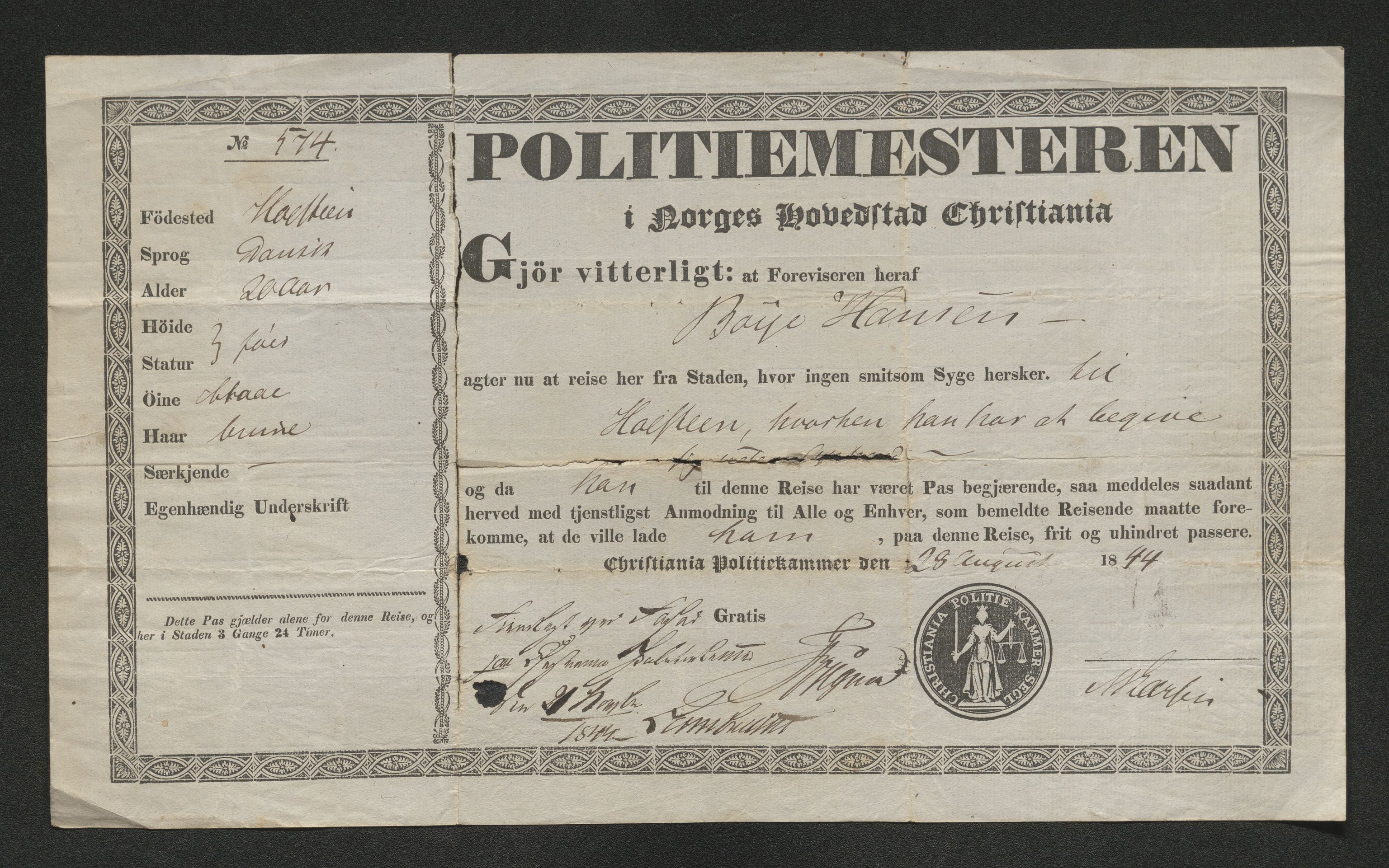 Drammen politikammer, AV/SAKO-A-623/I/Ia/Iab/L0007: Innleverte pass, 1843-1844, s. 768