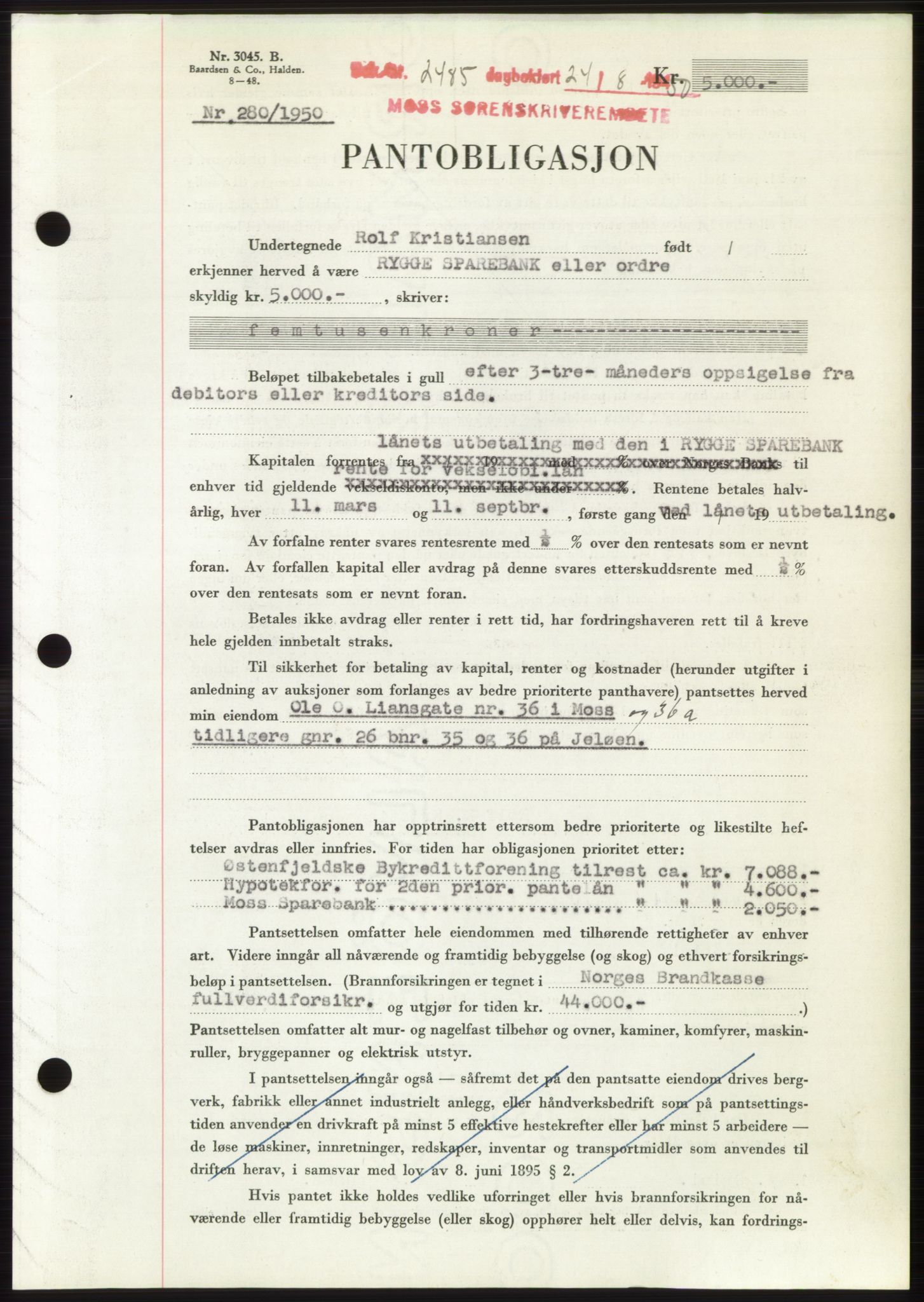 Moss sorenskriveri, SAO/A-10168: Pantebok nr. B25, 1950-1950, Dagboknr: 2485/1950