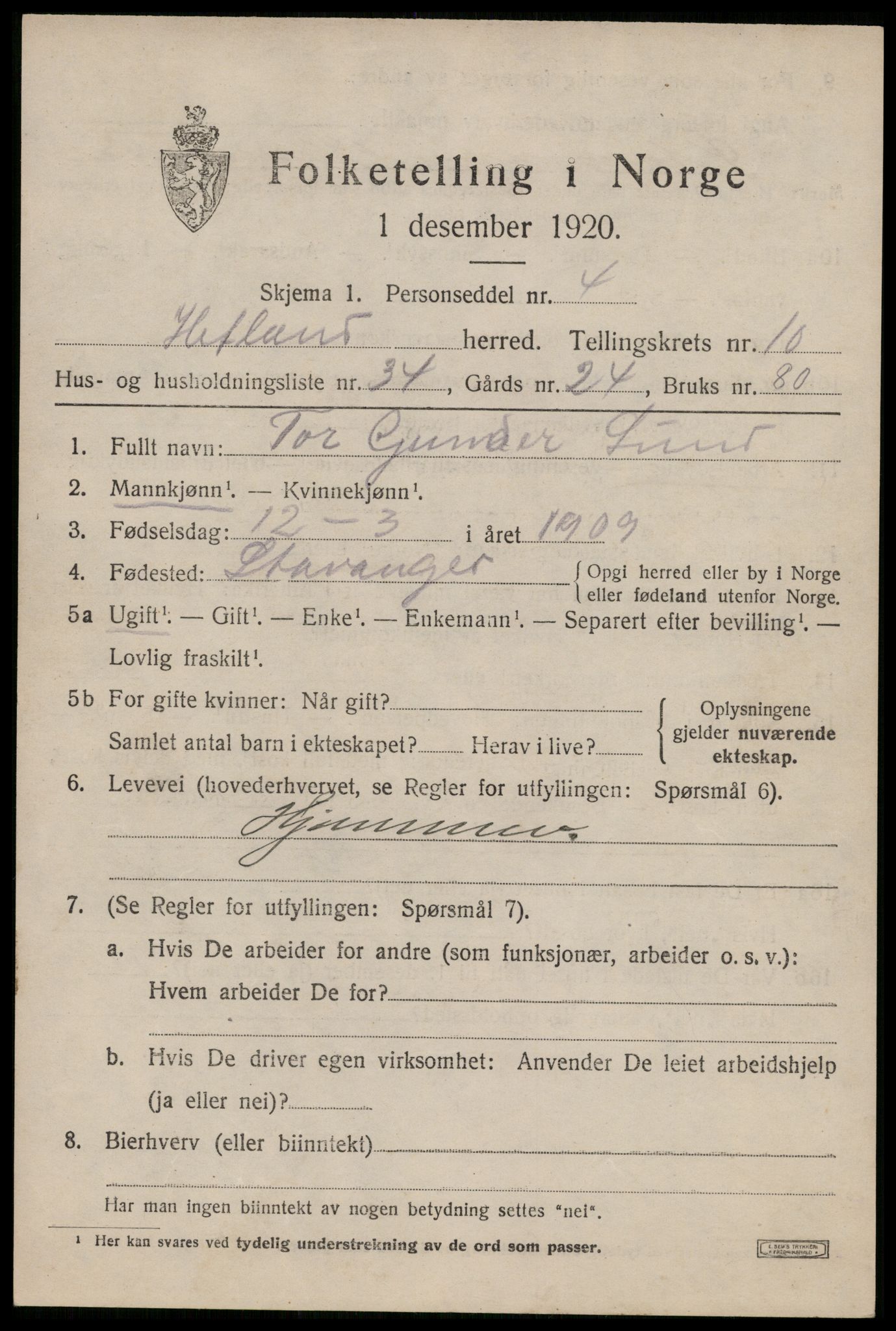 SAST, Folketelling 1920 for 1126 Hetland herred, 1920, s. 19345