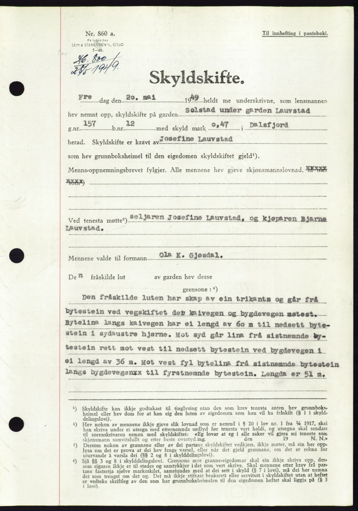 Søre Sunnmøre sorenskriveri, SAT/A-4122/1/2/2C/L0084: Pantebok nr. 10A, 1949-1949, Dagboknr: 800/1949