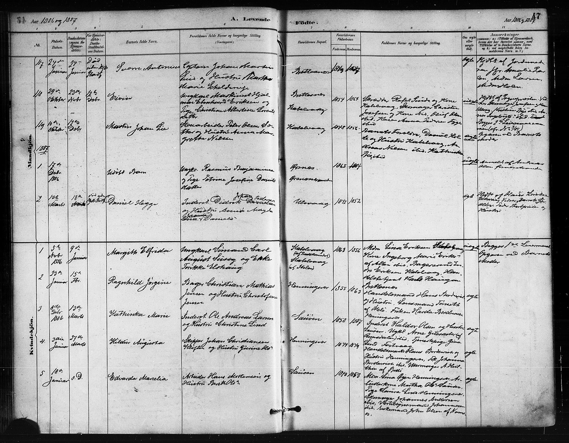 Ministerialprotokoller, klokkerbøker og fødselsregistre - Nordland, SAT/A-1459/874/L1059: Ministerialbok nr. 874A03, 1884-1890, s. 47