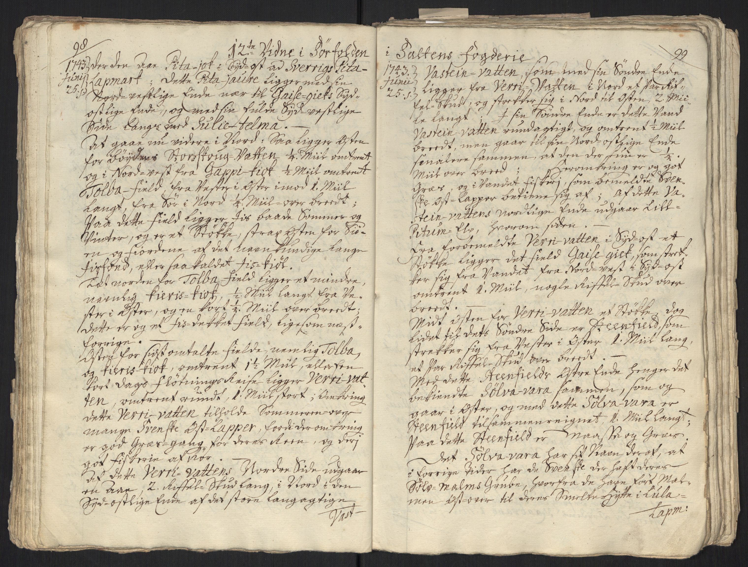 Danske Kanselli, Grensearkivet, AV/RA-EA-4062/F/L0011a/0001: Volum XXIII-XXVIa / Vol. XXIII: Major Schnitlers grenseeksaminasjonsprotokoll, 3. bind, 1743, s. 98-99