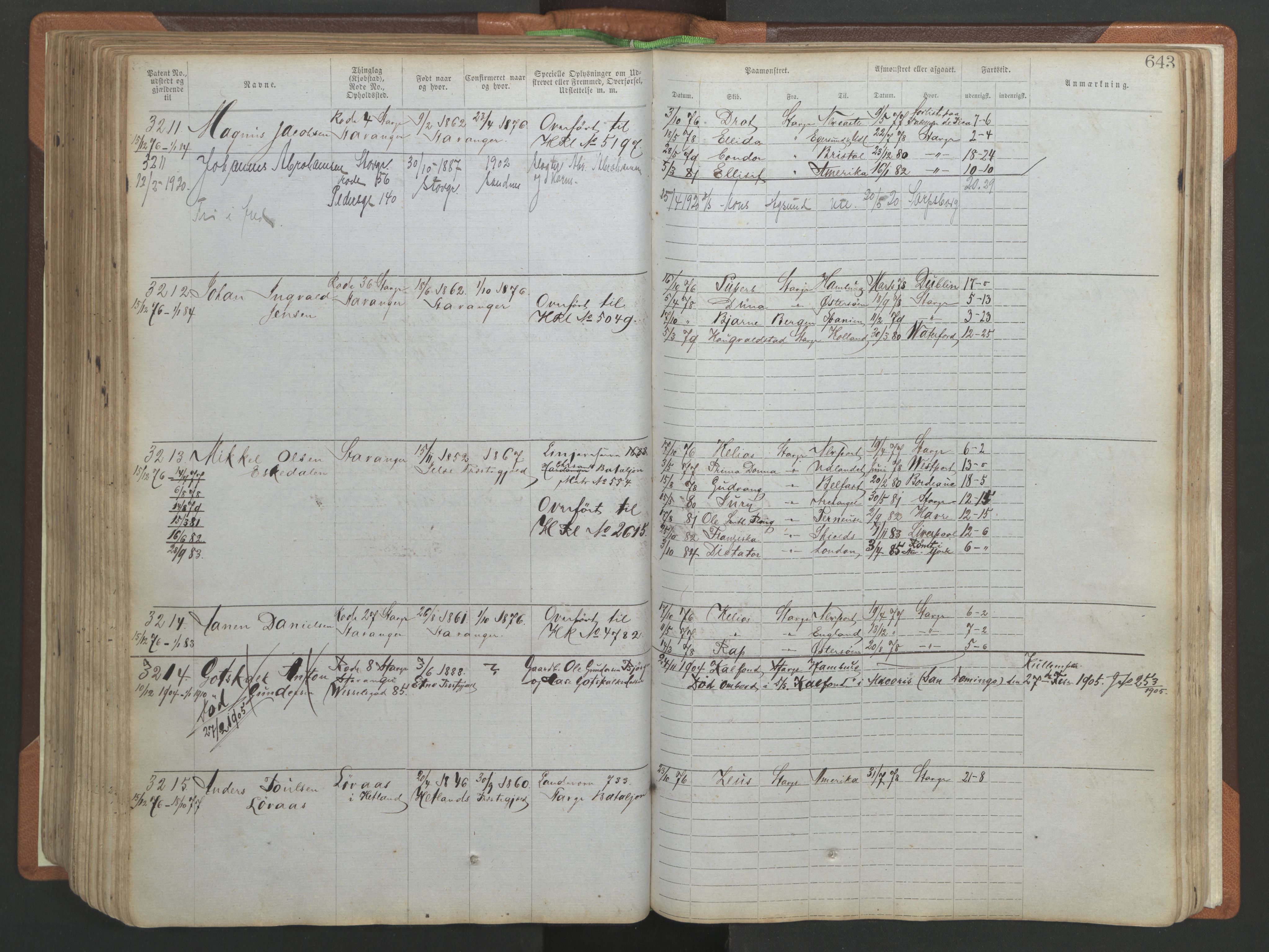 Stavanger sjømannskontor, AV/SAST-A-102006/F/Ff/L0005: Annotasjonsrulle No 1, patentnr. 1786-3585 (del 2), 1872-1900, s. 290