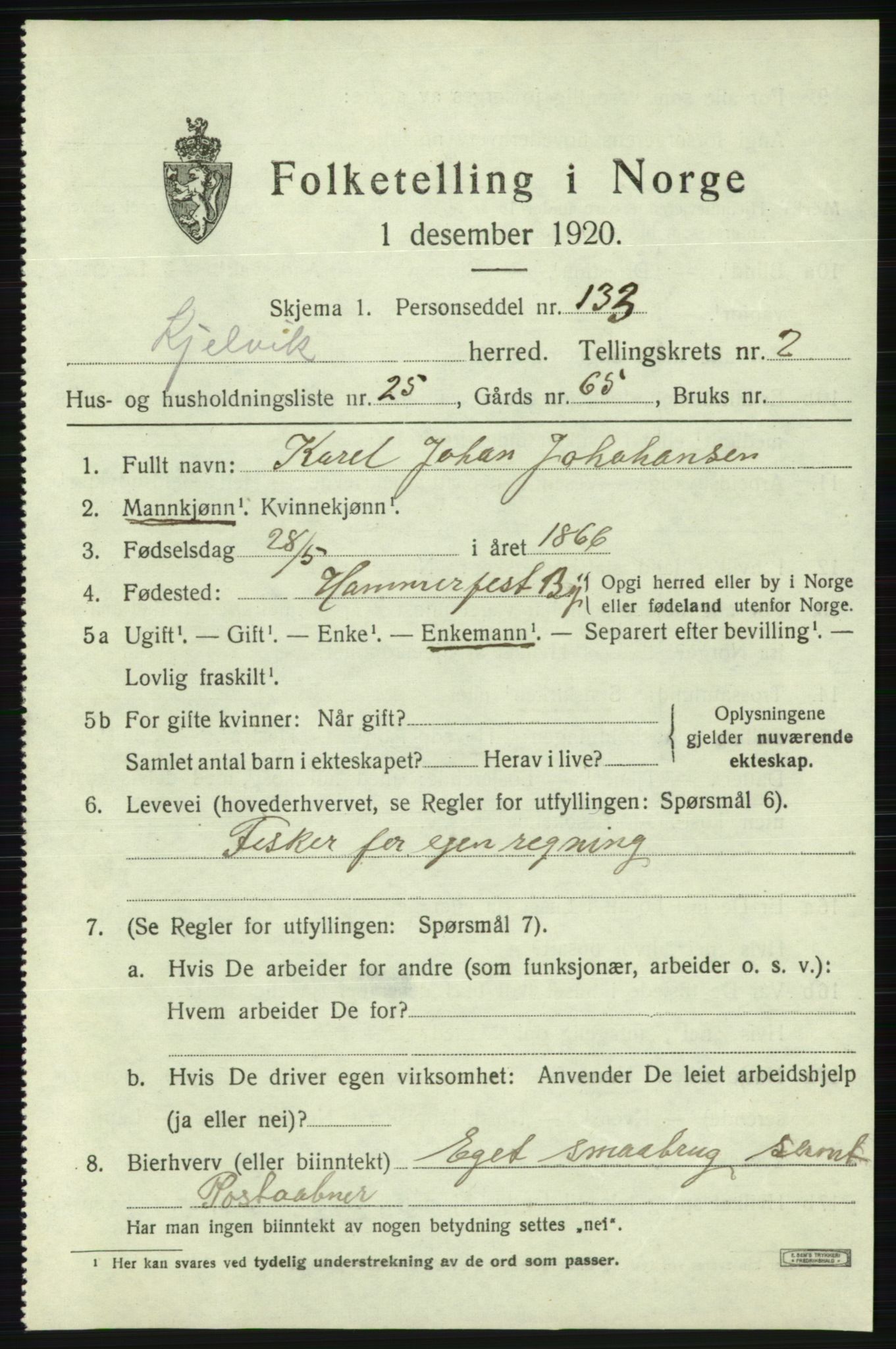 SATØ, Folketelling 1920 for 2019 Kjelvik herred, 1920, s. 1651