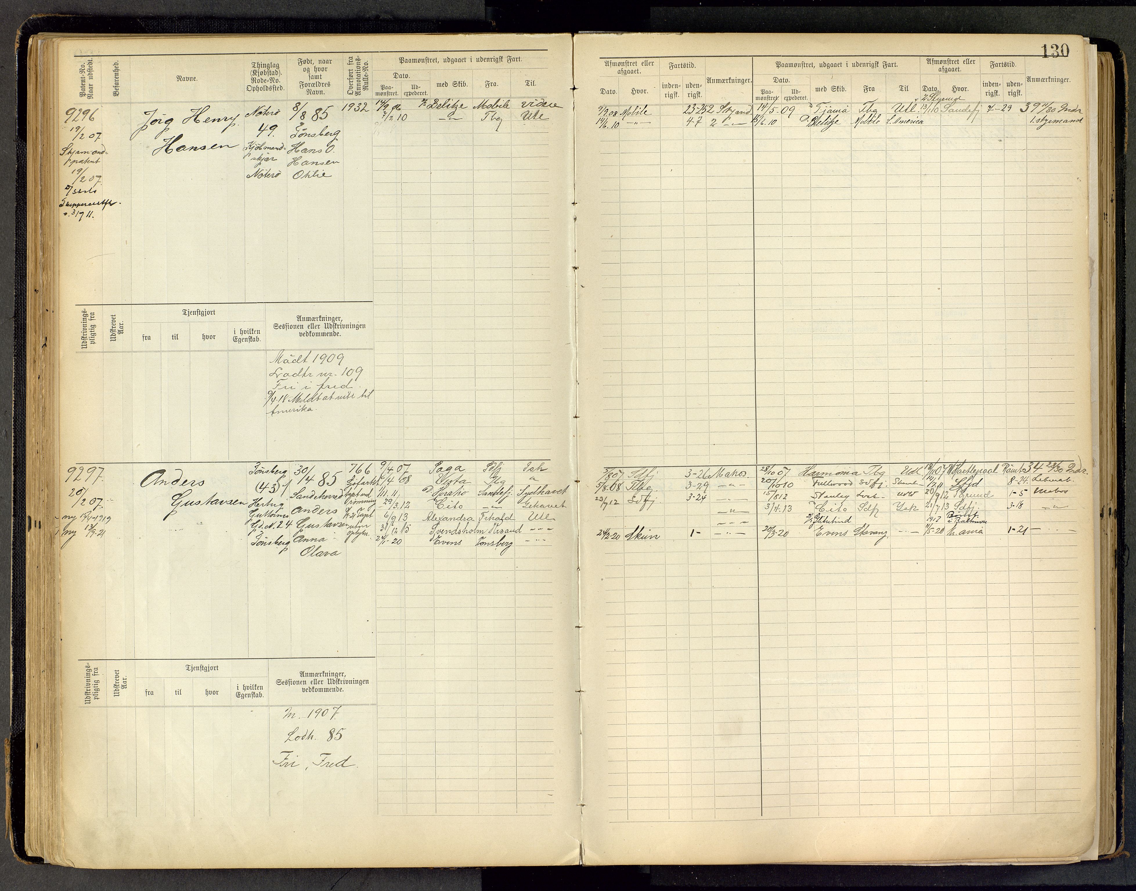 Tønsberg innrulleringskontor, AV/SAKO-A-786/F/Fc/Fca/L0011: Hovedrulle Patent nr. 9038-9992, 1900-1912, s. 130