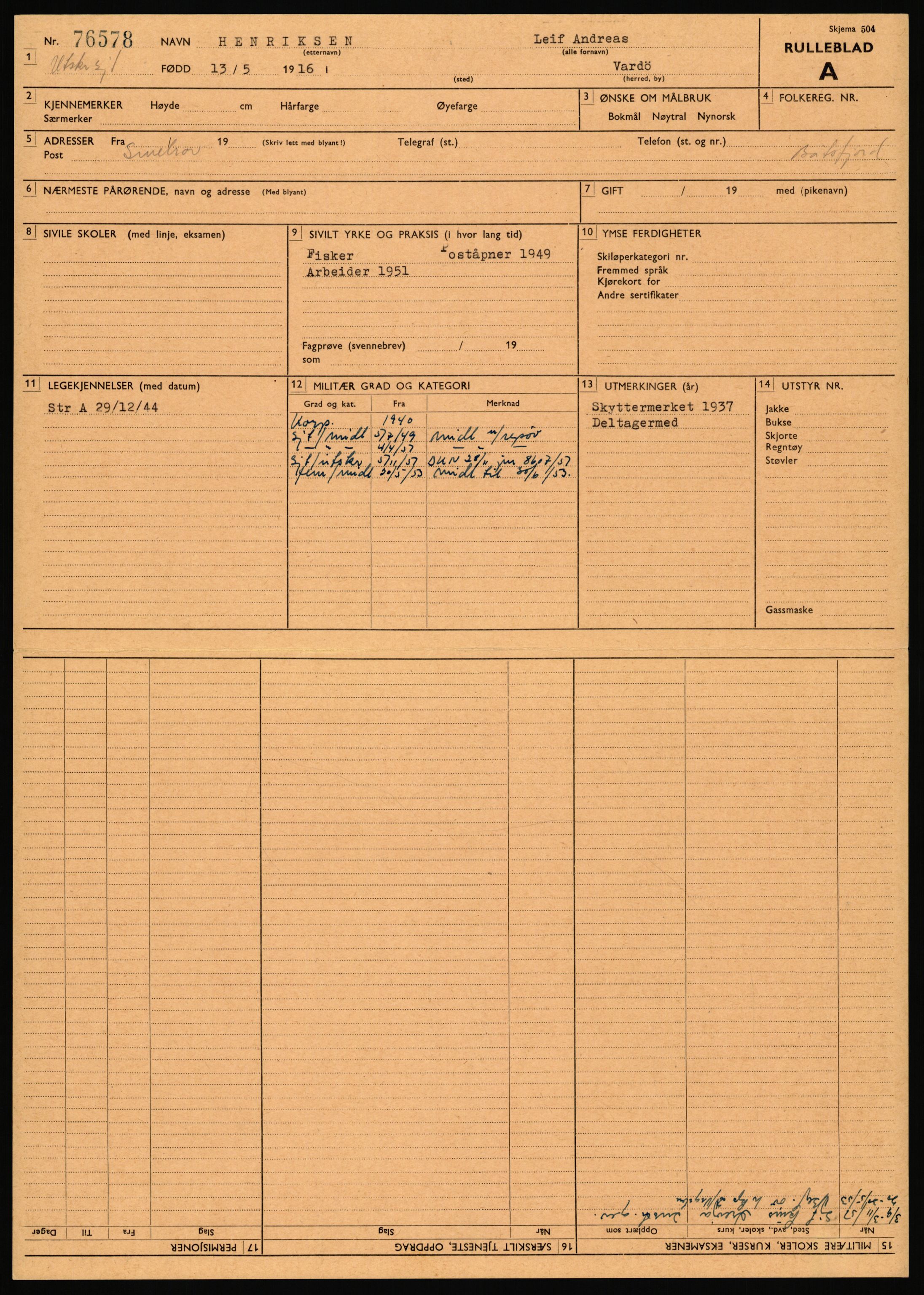 Forsvaret, Varanger bataljon, AV/RA-RAFA-2258/1/D/L0456: Rulleblad og tjenesteuttalelser for befal født 1916-1919 og 1921-1923, 1916-1923, s. 75