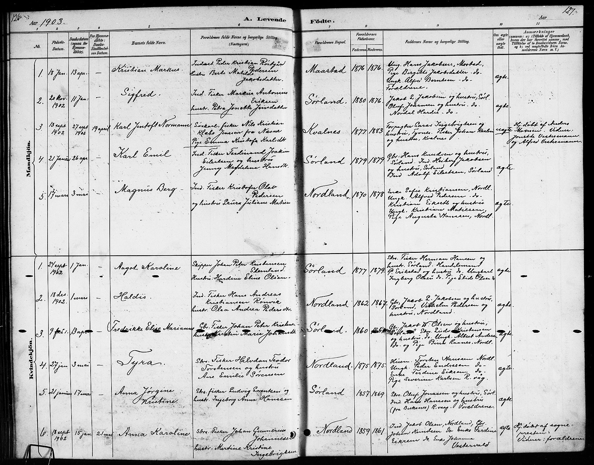 Ministerialprotokoller, klokkerbøker og fødselsregistre - Nordland, AV/SAT-A-1459/807/L0123: Klokkerbok nr. 807C01, 1884-1910, s. 126-127