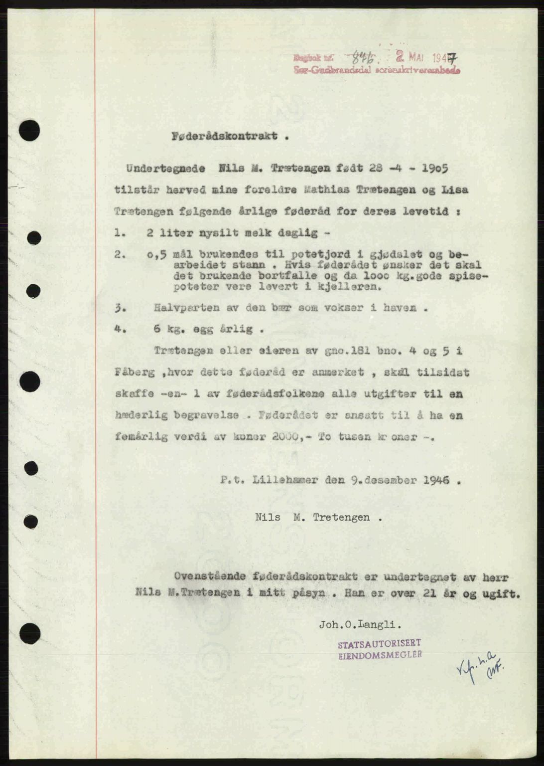 Sør-Gudbrandsdal tingrett, SAH/TING-004/H/Hb/Hbe/L0003: Pantebok nr. B3, 1943-1948, Dagboknr: 876/1947