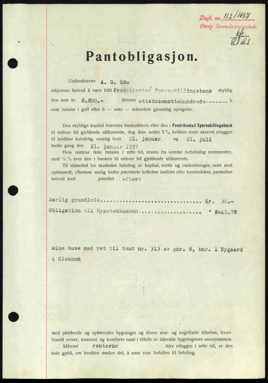 Onsøy sorenskriveri, SAO/A-10474/G/Ga/Gac/L0001: Pantebok nr. B1, 1936-1938, Dagboknr: 112/1937