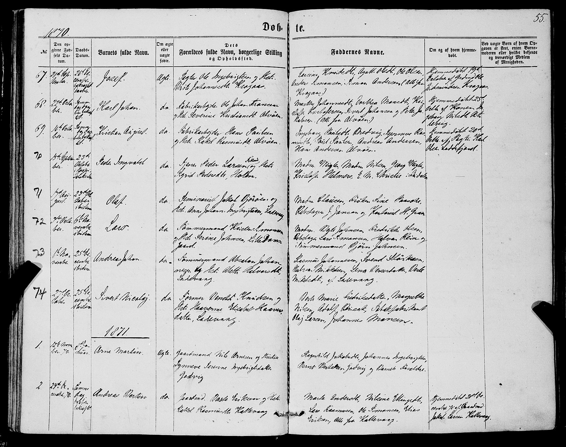 Askøy Sokneprestembete, AV/SAB-A-74101/H/Ha/Haa/Haaa/L0009: Ministerialbok nr. A 9, 1863-1877, s. 55