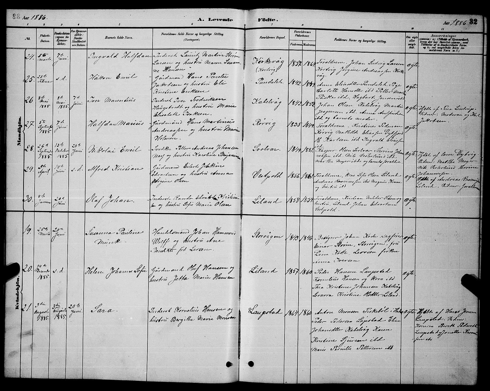 Ministerialprotokoller, klokkerbøker og fødselsregistre - Nordland, AV/SAT-A-1459/874/L1076: Klokkerbok nr. 874C05, 1884-1890, s. 32