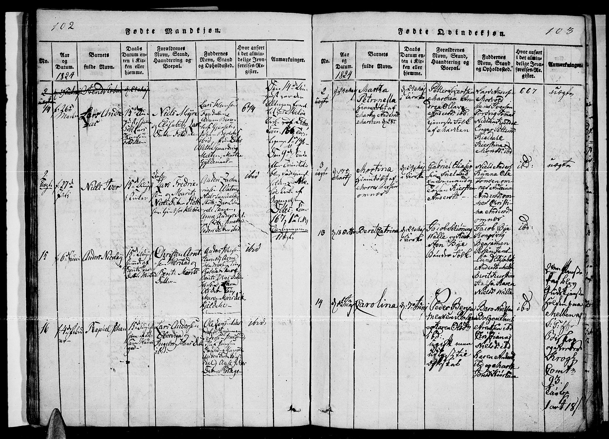 Ministerialprotokoller, klokkerbøker og fødselsregistre - Nordland, AV/SAT-A-1459/841/L0593: Ministerialbok nr. 841A04 /2, 1820-1825, s. 102-103