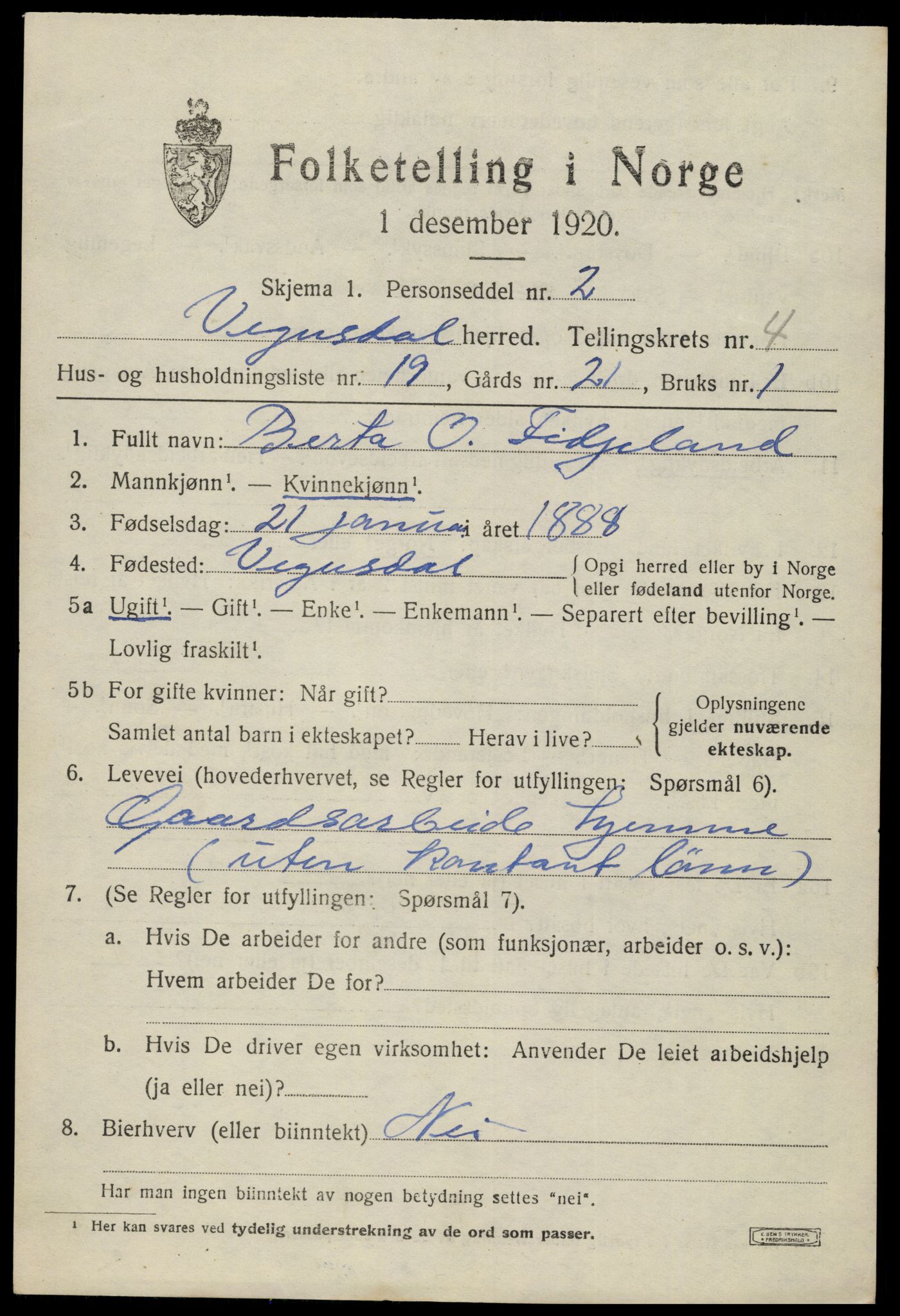 SAK, Folketelling 1920 for 0934 Vegusdal herred, 1920, s. 1265
