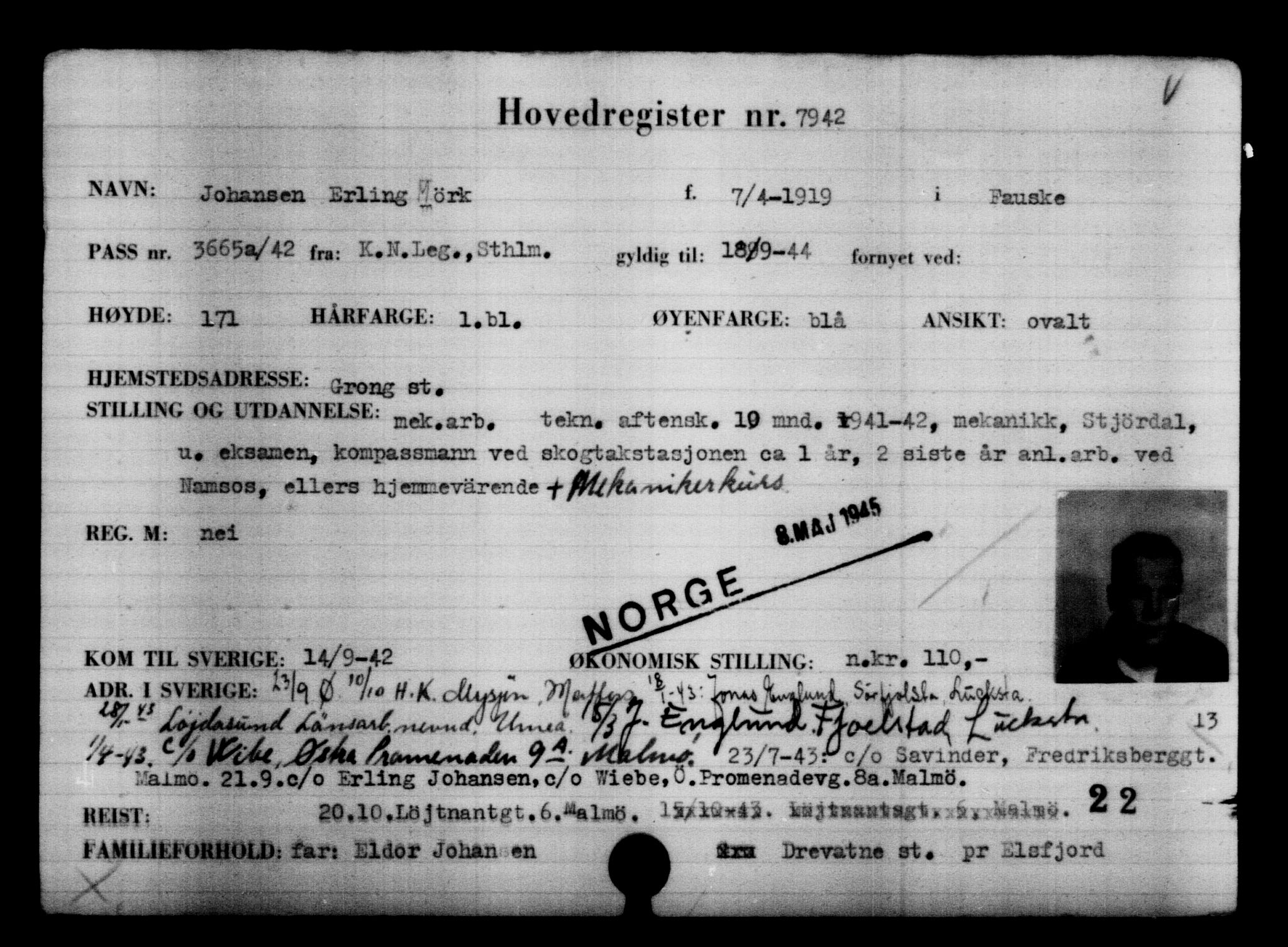 Utenriksstasjonene, Legasjonen i Stockholm, Flyktningkontoret, AV/RA-S-6753/V/Va/L0005: Kjesäterkartoteket, flyktninger med registreringsnr. 6600-9417, 1940-1945, s. 1569