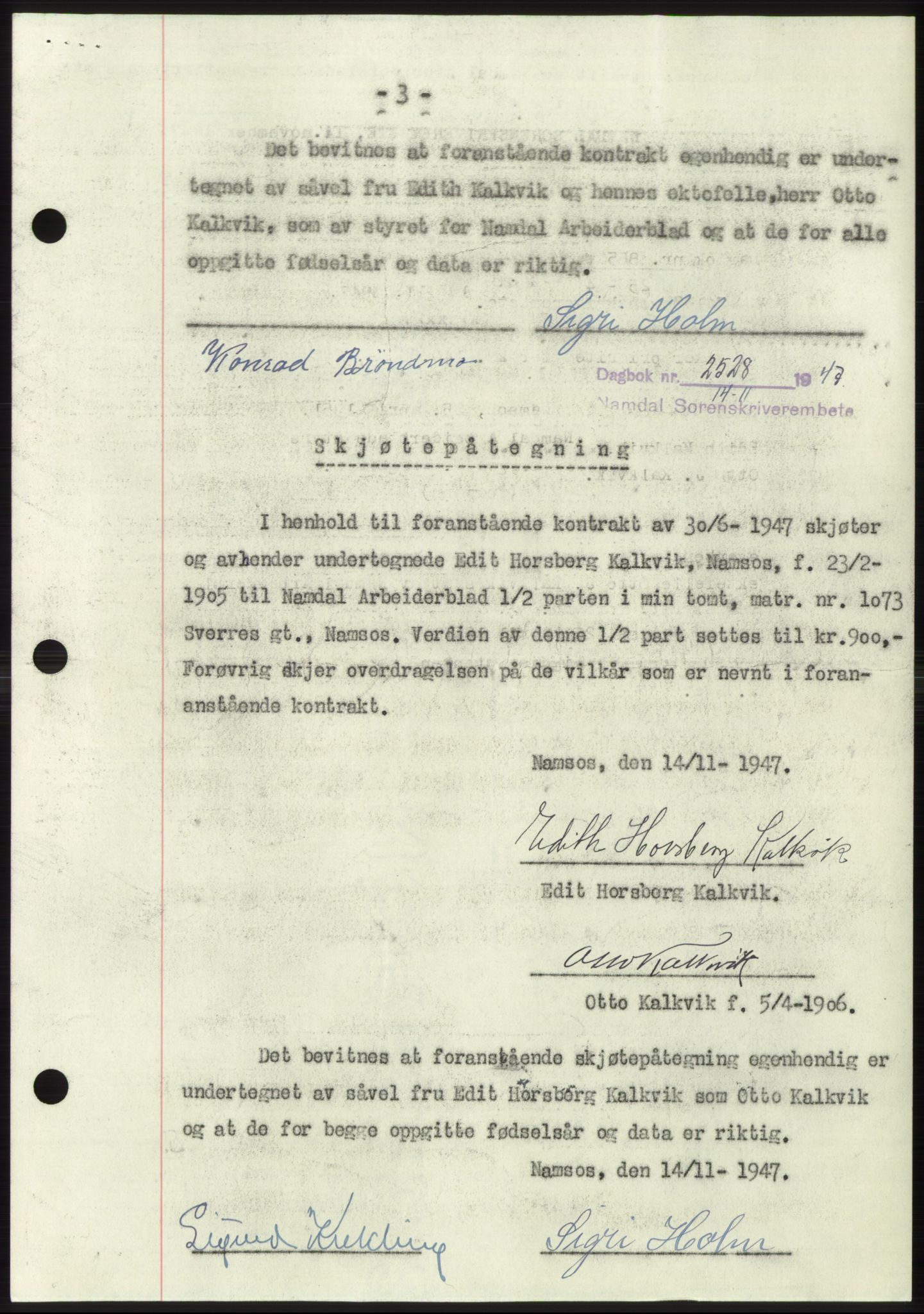 Namdal sorenskriveri, SAT/A-4133/1/2/2C: Pantebok nr. -, 1947-1948, Dagboknr: 2528/1947