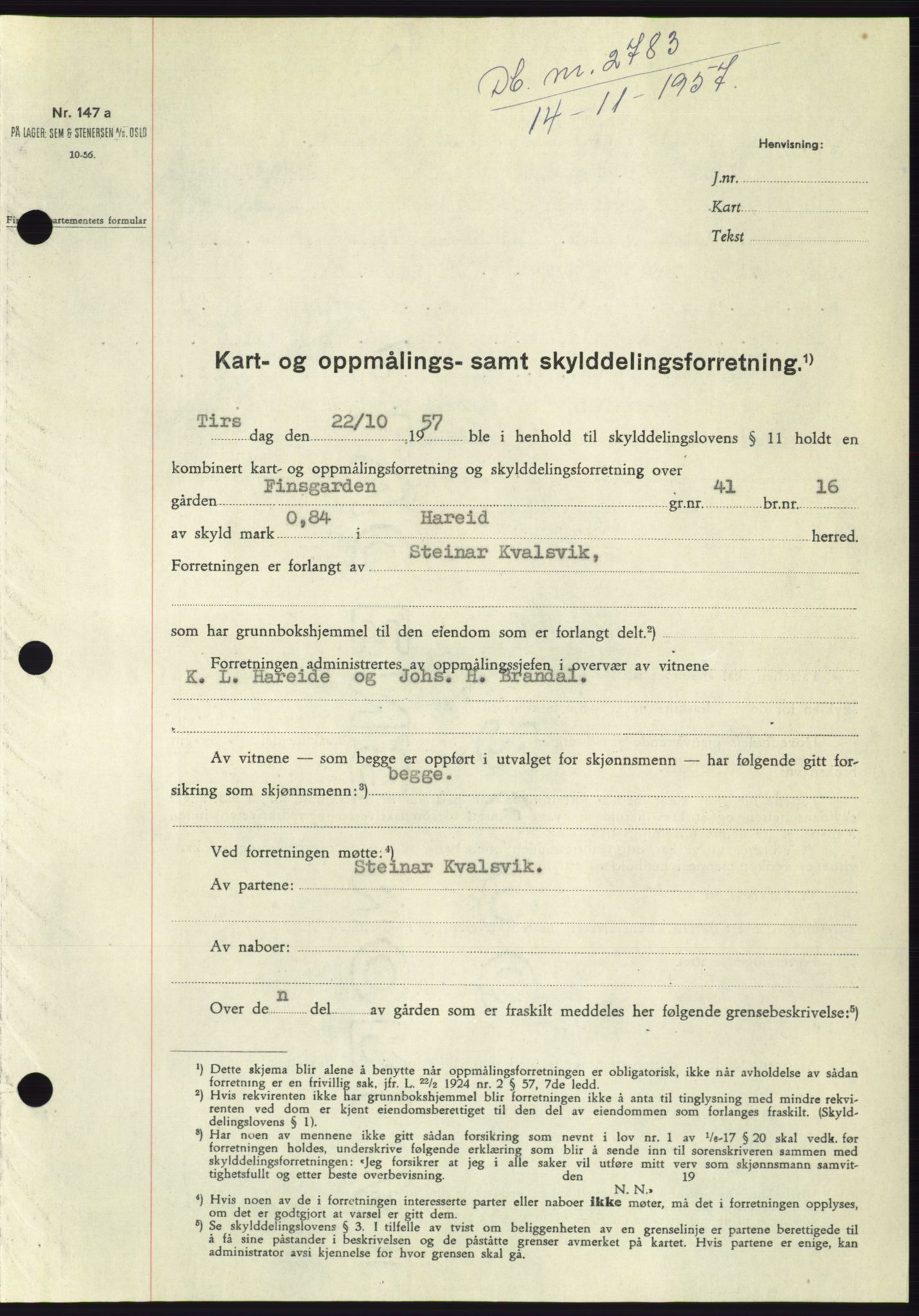 Søre Sunnmøre sorenskriveri, SAT/A-4122/1/2/2C/L0108: Pantebok nr. 34A, 1957-1958, Dagboknr: 2783/1957