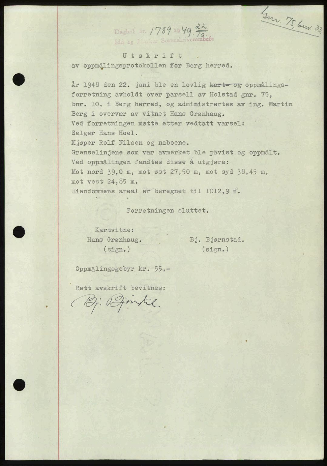 Idd og Marker sorenskriveri, SAO/A-10283/G/Gb/Gbb/L0013: Pantebok nr. A13, 1949-1950, Dagboknr: 1789/1949