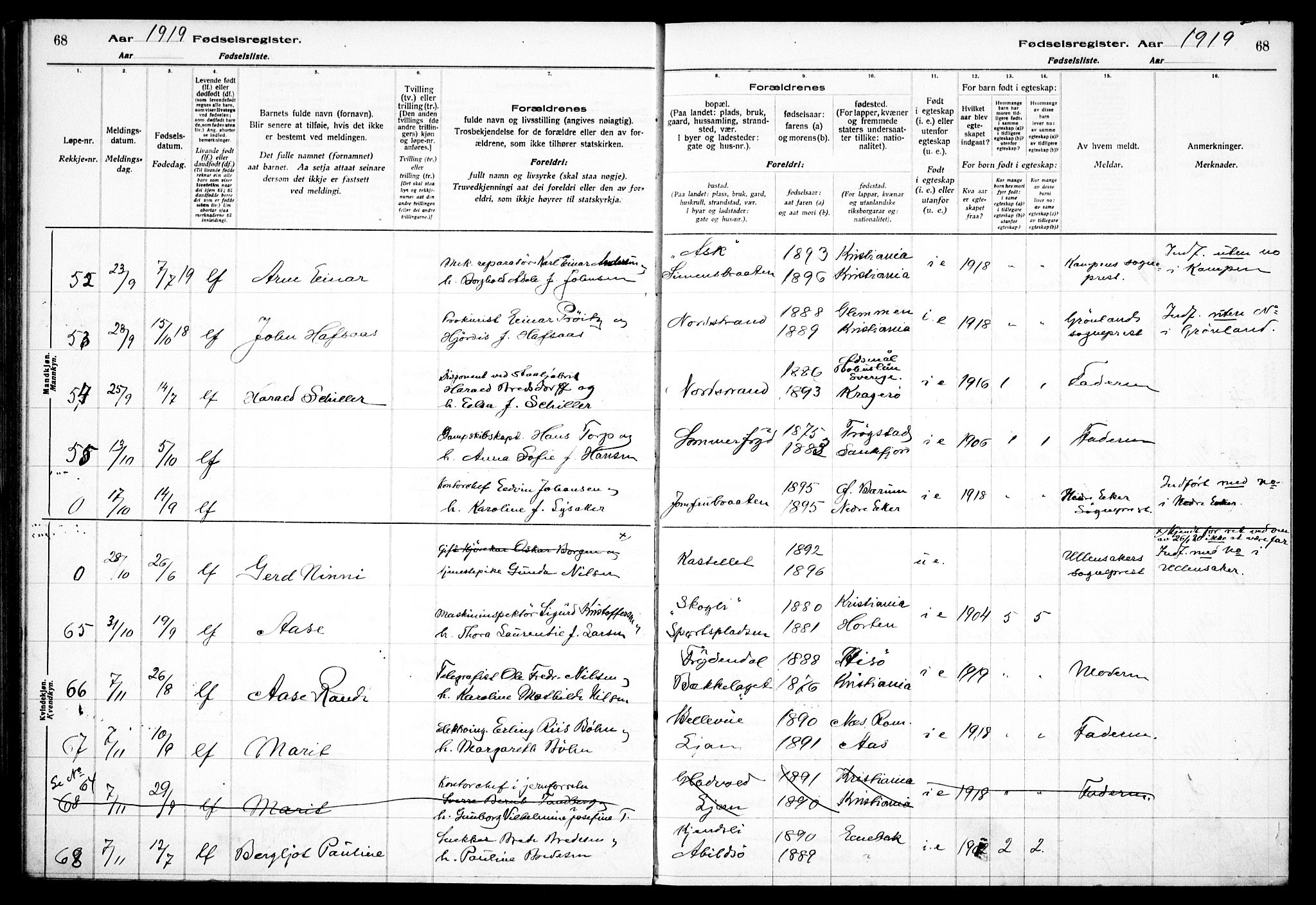 Nordstrand prestekontor Kirkebøker, AV/SAO-A-10362a/J/Ja/L0001: Fødselsregister nr. I 1, 1916-1924, s. 68