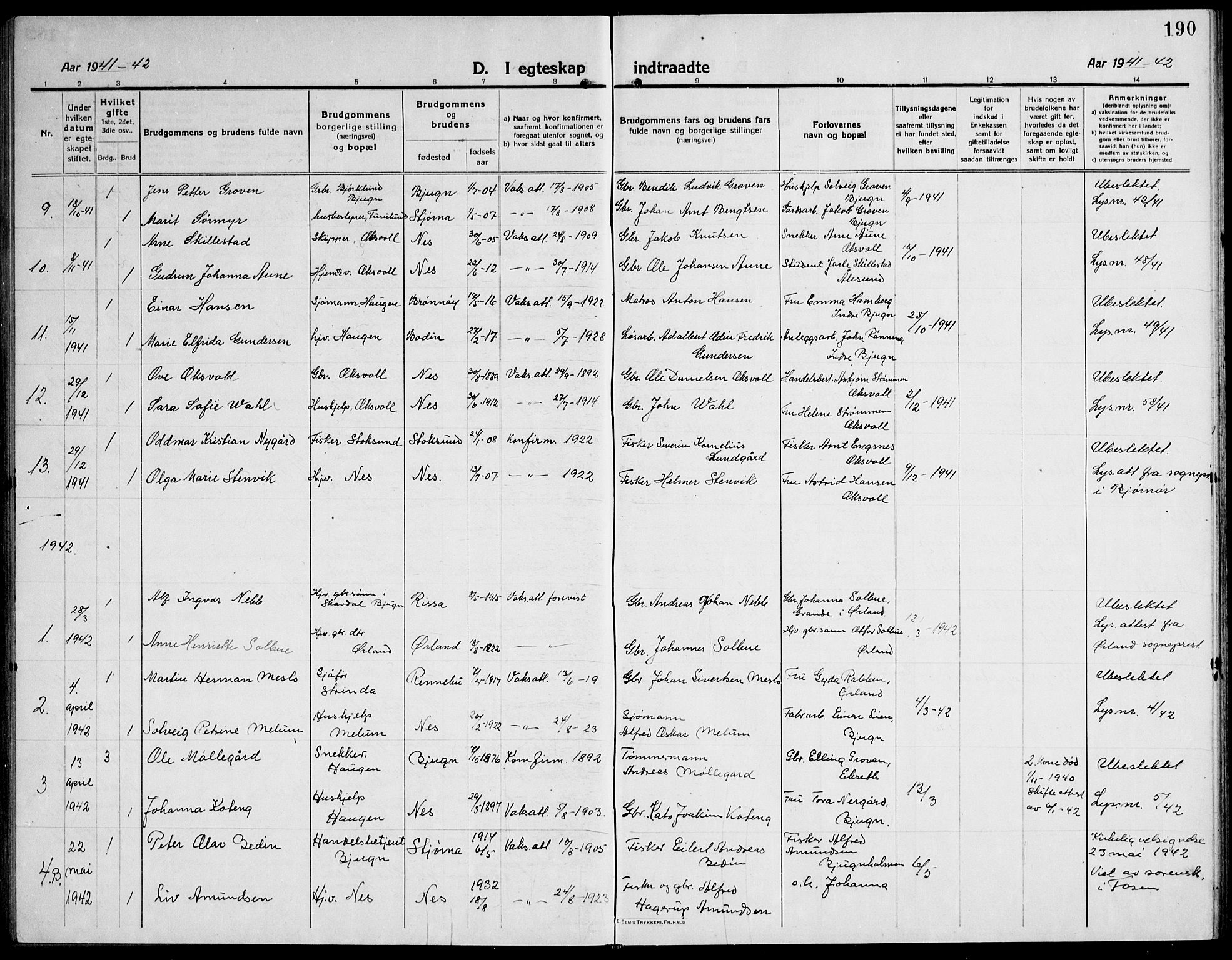 Ministerialprotokoller, klokkerbøker og fødselsregistre - Sør-Trøndelag, AV/SAT-A-1456/651/L0648: Klokkerbok nr. 651C02, 1915-1945, s. 190
