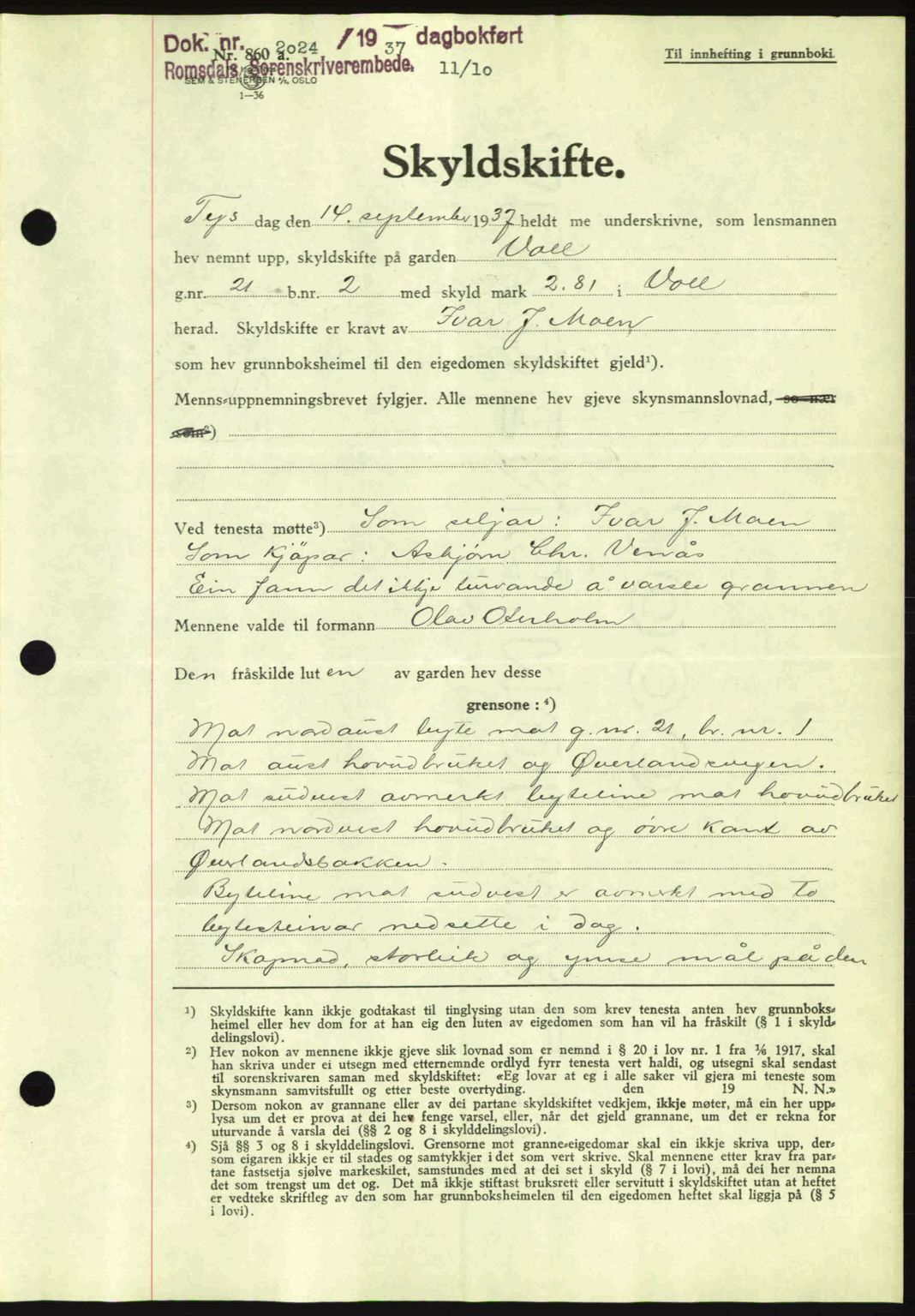 Romsdal sorenskriveri, SAT/A-4149/1/2/2C: Pantebok nr. A4, 1937-1938, Dagboknr: 2024/1937