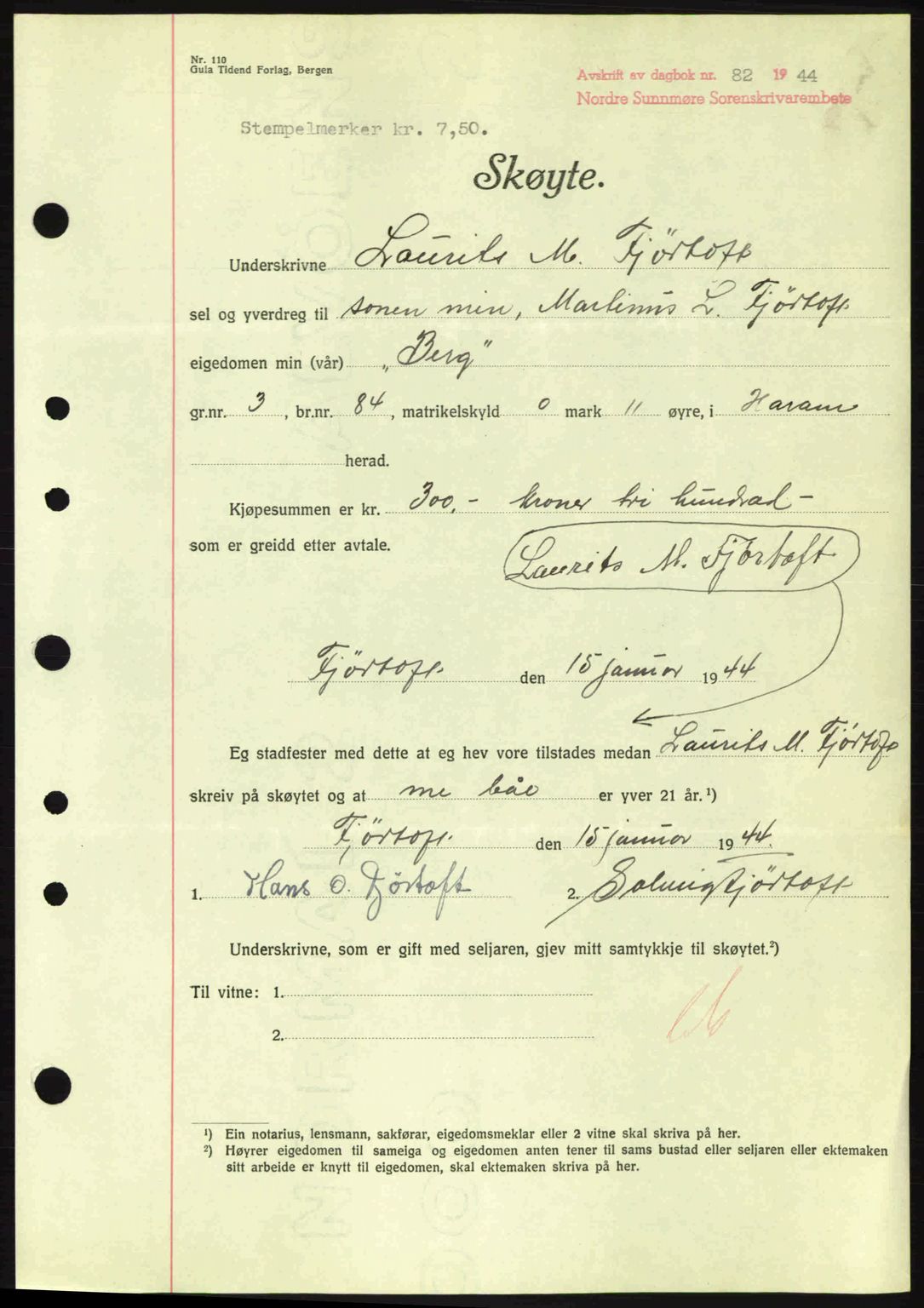 Nordre Sunnmøre sorenskriveri, AV/SAT-A-0006/1/2/2C/2Ca: Pantebok nr. A17, 1943-1944, Dagboknr: 82/1944