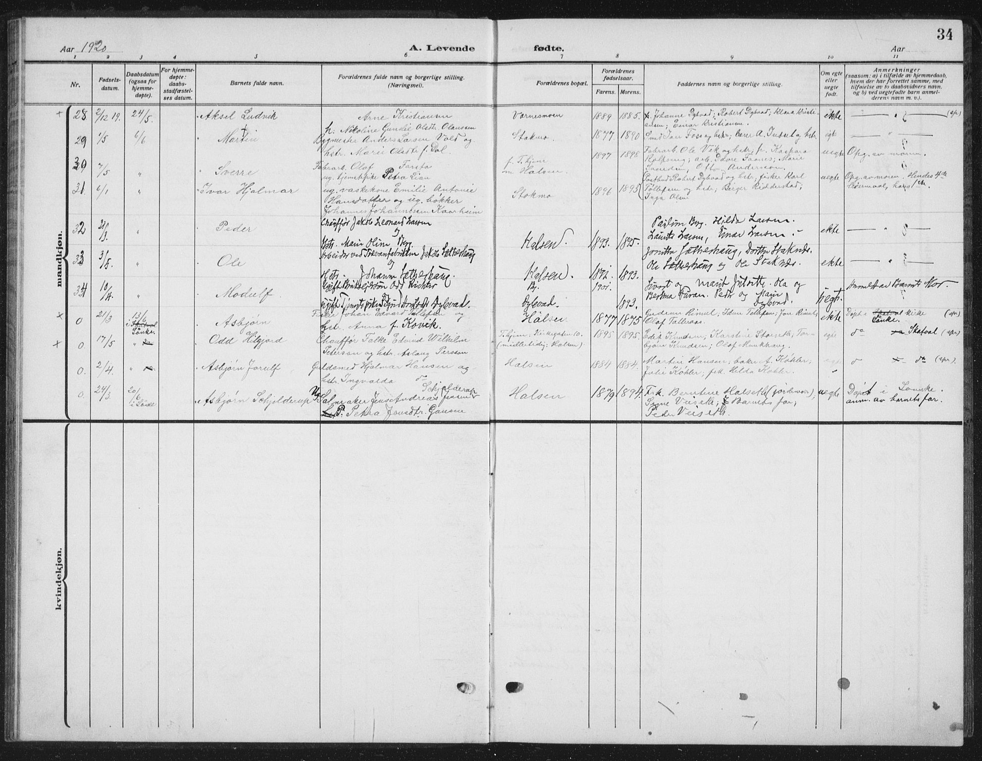 Ministerialprotokoller, klokkerbøker og fødselsregistre - Nord-Trøndelag, AV/SAT-A-1458/709/L0088: Klokkerbok nr. 709C02, 1914-1934, s. 34
