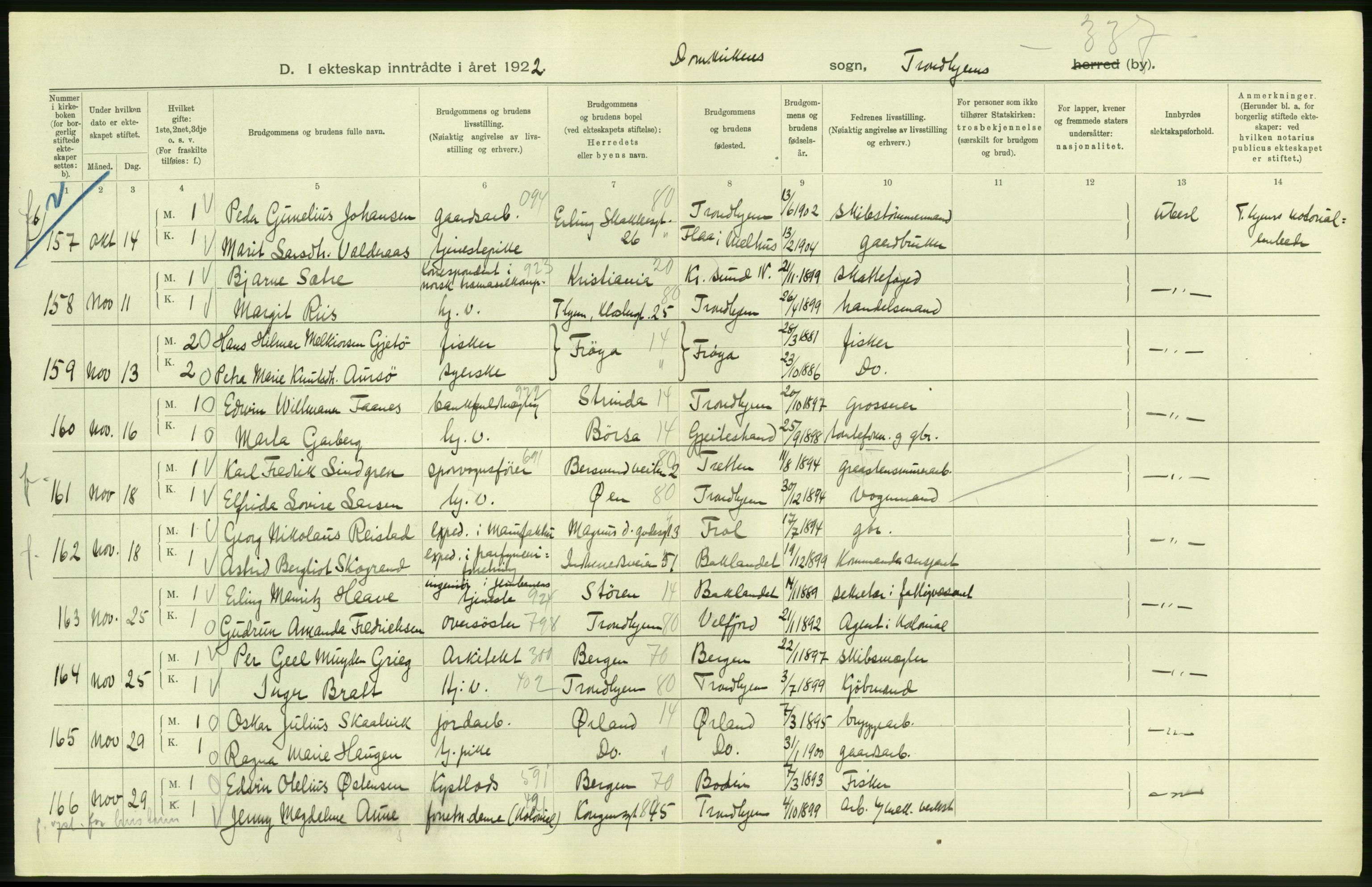 Statistisk sentralbyrå, Sosiodemografiske emner, Befolkning, AV/RA-S-2228/D/Df/Dfc/Dfcb/L0040: Trondheim: Gifte, døde, dødfødte., 1922, s. 44