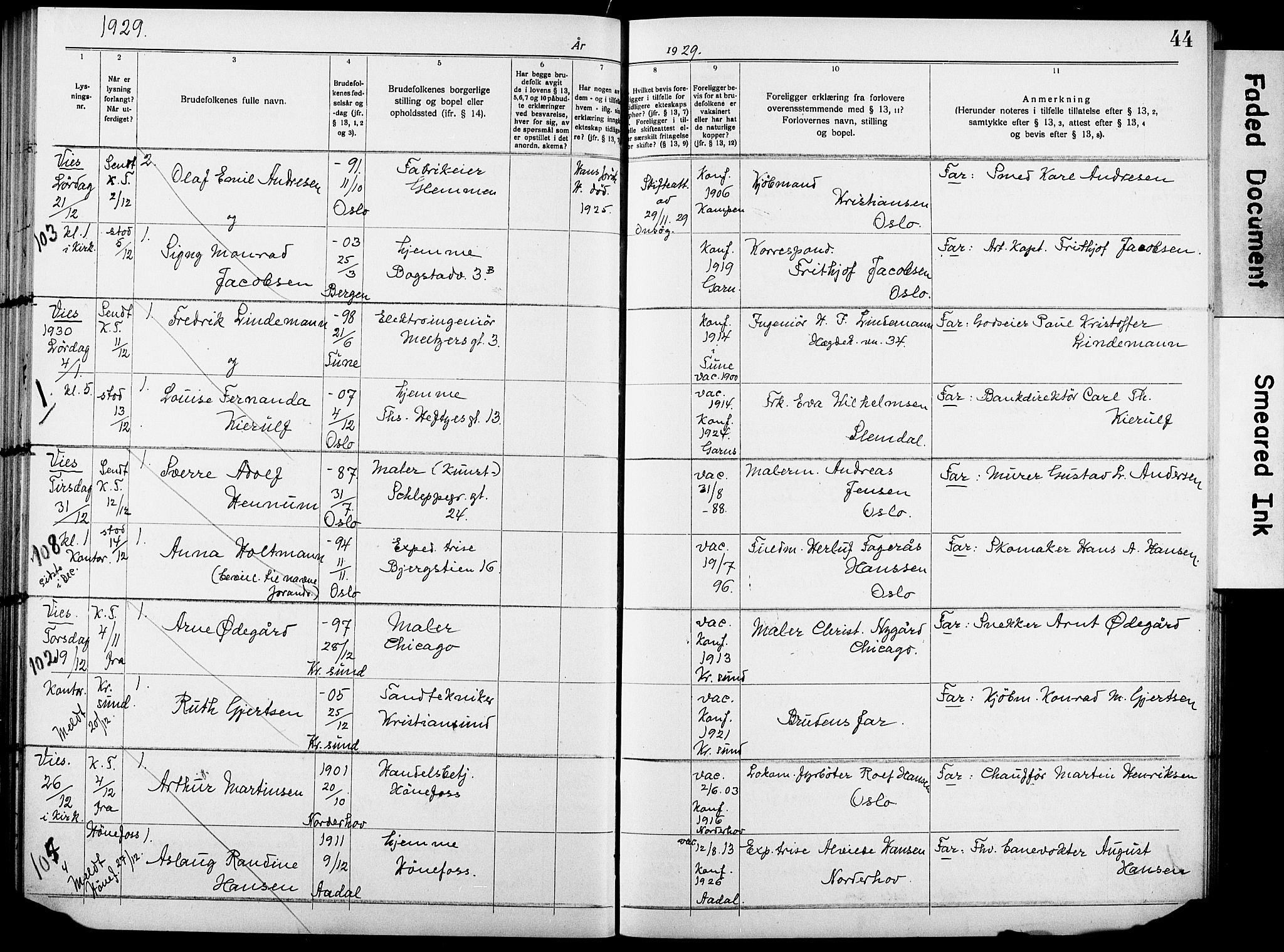 Garnisonsmenigheten Kirkebøker, AV/SAO-A-10846/H/Ha/L0010: Lysningsprotokoll nr. I 10, 1922-1932, s. 44