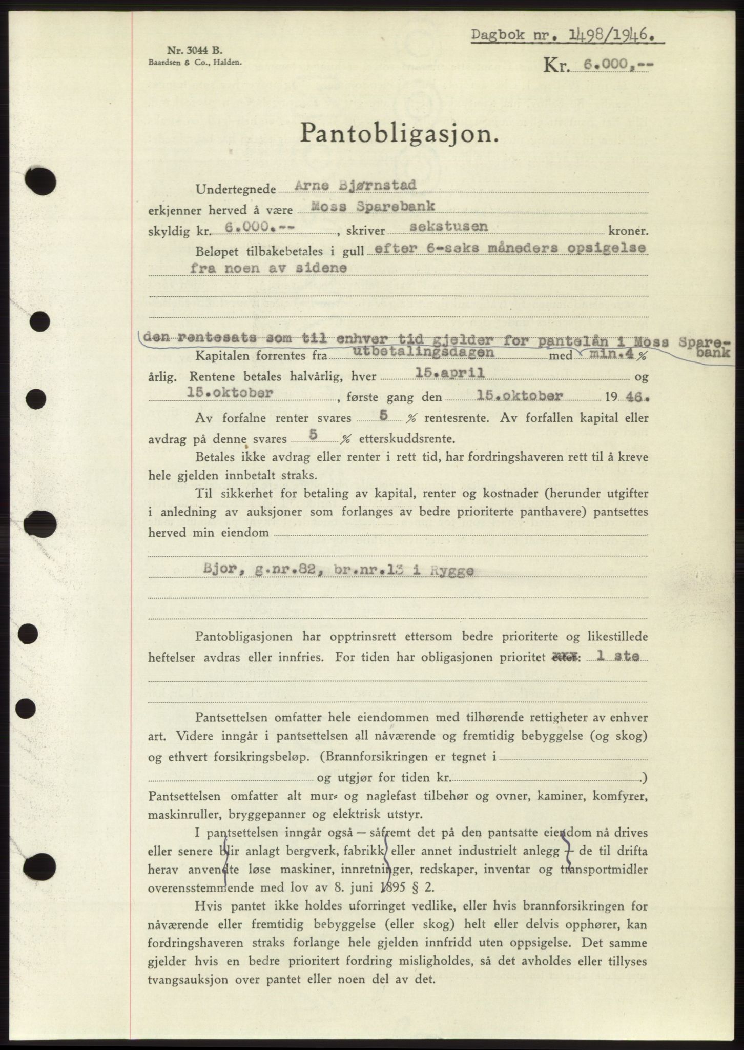 Moss sorenskriveri, SAO/A-10168: Pantebok nr. B15, 1946-1946, Dagboknr: 1498/1946