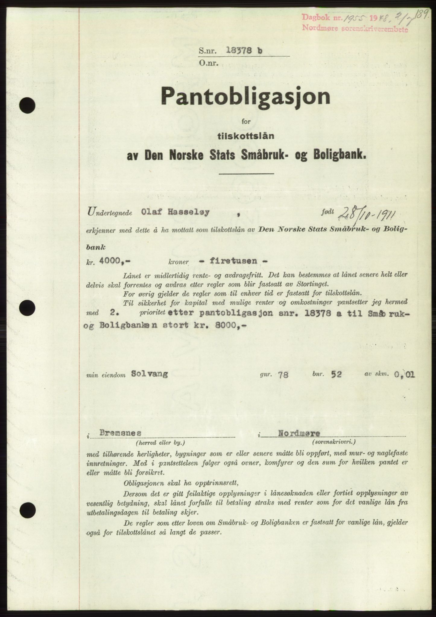 Nordmøre sorenskriveri, SAT/A-4132/1/2/2Ca: Pantebok nr. B99, 1948-1948, Dagboknr: 1955/1948