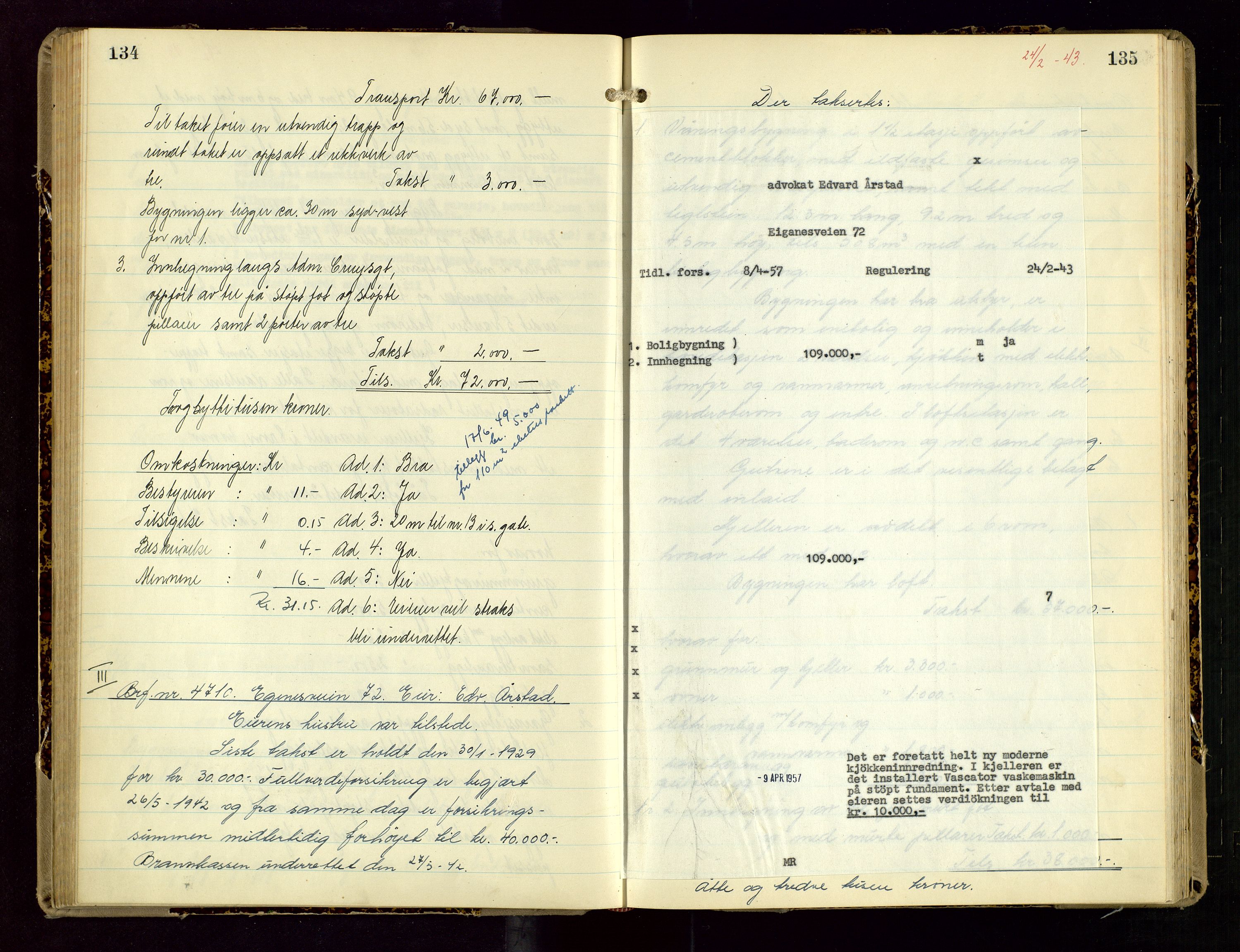 Norges Brannkasse Stavanger, AV/SAST-A-102143/F/Fd/L0028: Branntaksprotokoll nr. 39, 1942-1943, s. 134-135